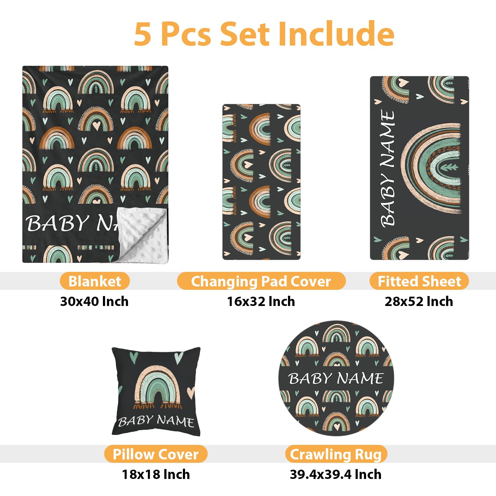 Individuelles Babybett-Bettwäsche-Set, 5-teilig, Regenbogen-Designs, personalisierte Namensdecke mit gepunkteter Rückseite, Kinderbettlaken, Wickelunterlage, Kissenbezug, Teppich für Neugeborene,