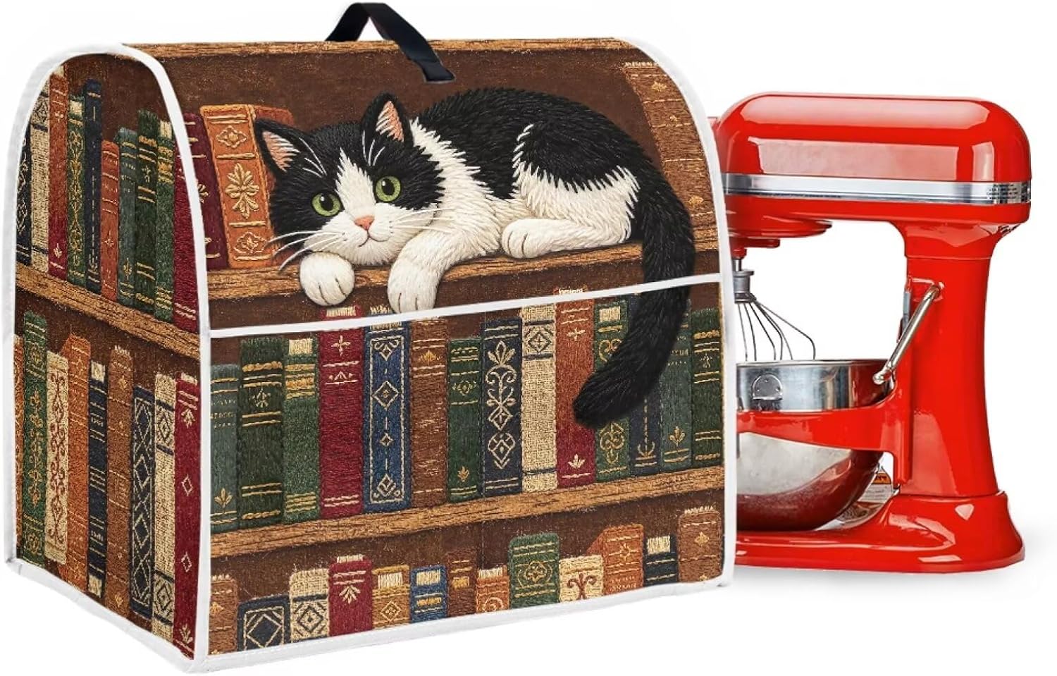 Books Cat Stand Mixer Dust-proof Cover with Organizer Bag for Kitchen Aid Mixer, 2 Pockets for Various Kitchen Appliance Accessories,Large