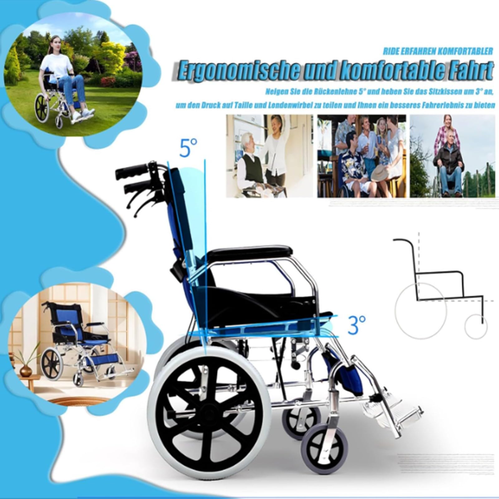Silla De Ruedas Ligera Plegable De Aluminio, Asiento 45 Cm, Reposapiés Abatibles, Ruedas Macizas, Frenos De Mano Y En Manetas, para Mayores, para Minusválidos
