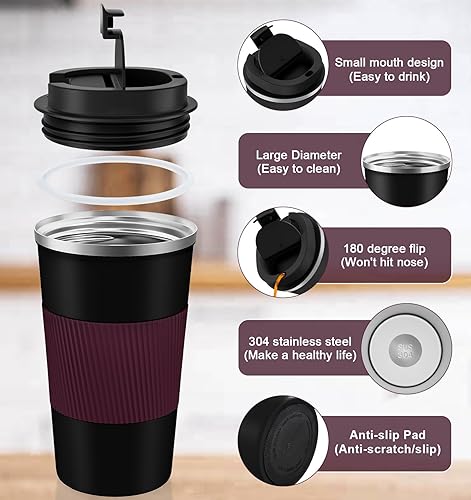 Miniatura 50 de Taza de café de 12 onzas – Taza de viaje aislada a prueba de derrames con tapa a prueba de fugas, taza de café de viaje de acero inoxidable al