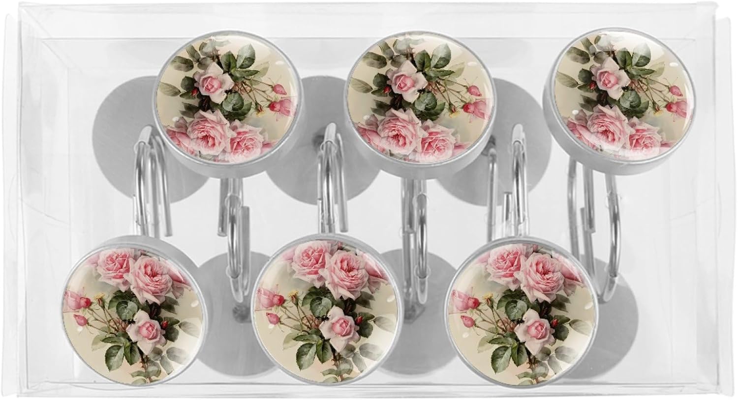 Vintage Chic Pink Rose Floral Decorative Shower Curtain Hooks Rings Set of 12 Hooks for Shower Curtain Stainless Steel Rustproof Curtain Rings for Bathroom