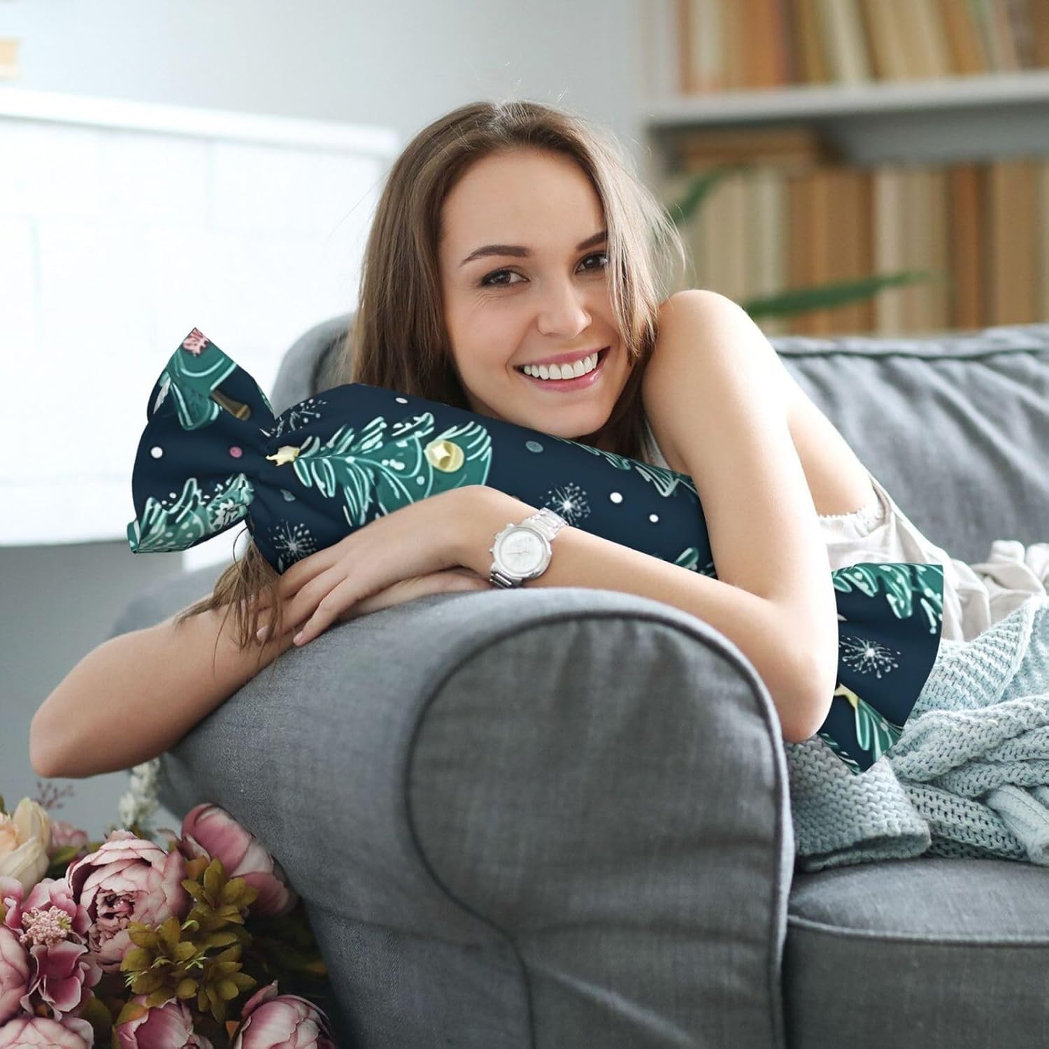 Xmas Tree Ball Stars Print Candy Cylindrical Comfortable Pillow Throw Pillows Home Decor Easy Maintenance