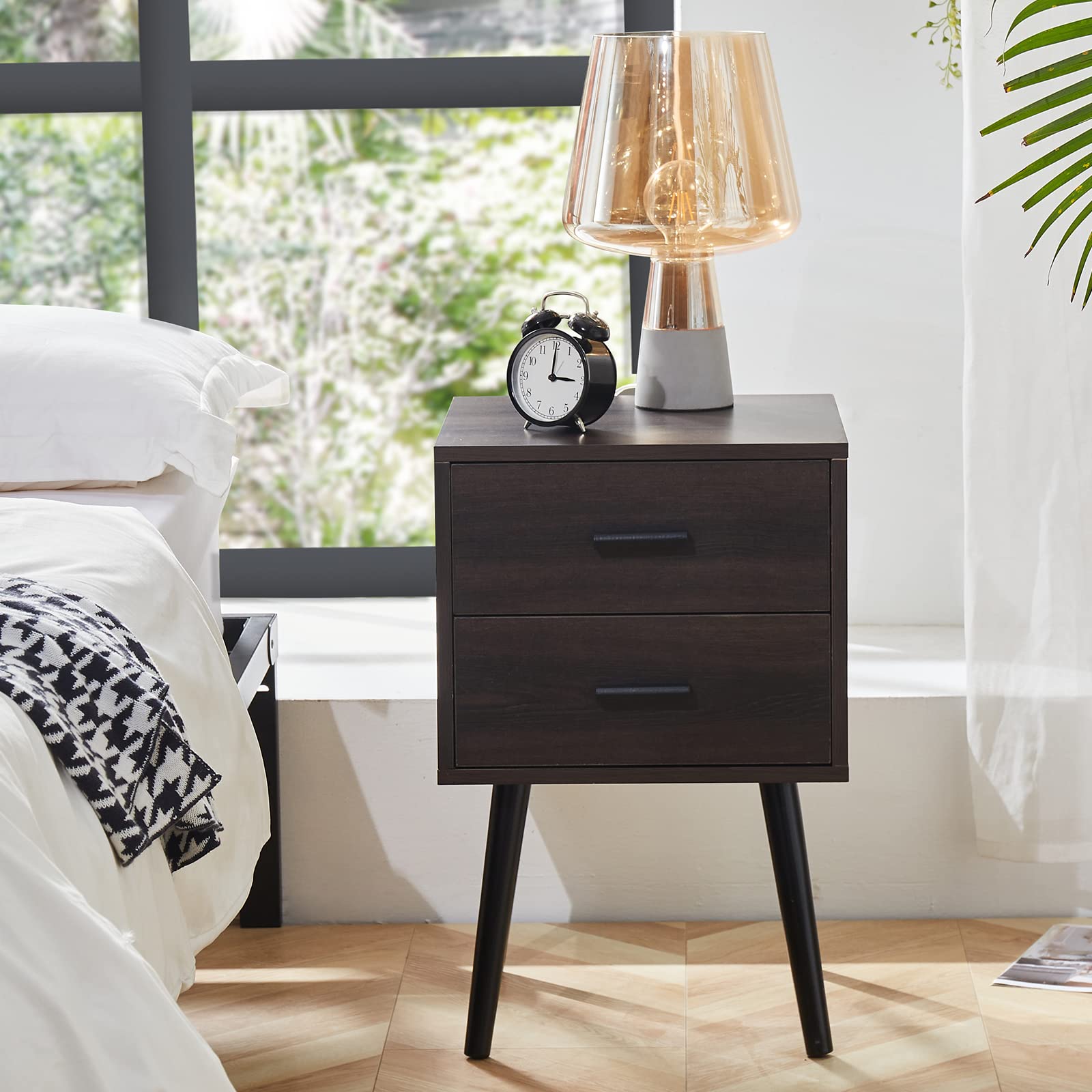 Tianlang Nightstand with 2 Storage Drawer, Set of 2 Industrial Bedside Table, End Table for Bedroom Living Room Wooden Legs Easy Assemble, Dark Brown LJET004A2