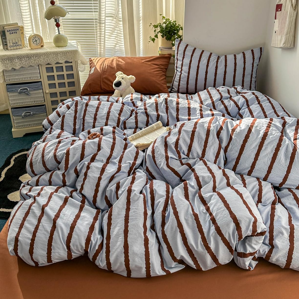 Covebett Striped Double Duvet Cover Sets Blue and Brown Stripes Geometric โ image 1