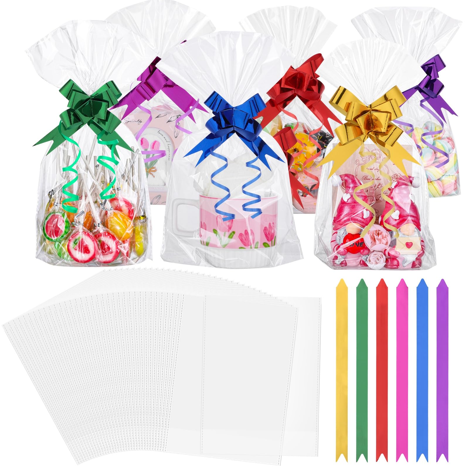 woric 60 PCS Cellophane Bags, 8 x 12 Inch Clear Sweet Bags with Ties & Bows Flat Bottom OPP Plastic Gift Bag for Sweets Treats
