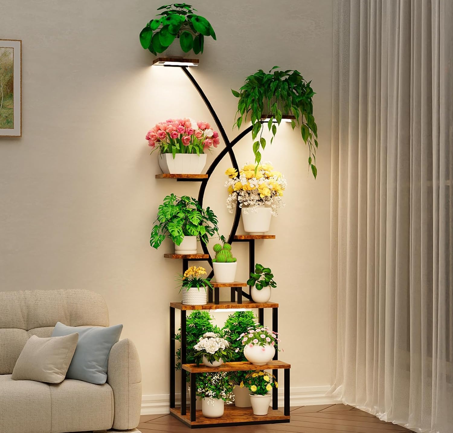 BTDVR X-Shaped Metal Plant Stand Indoor with Grow Lights, 9 Tiered Large Plant Shelf Display Rack Holder for Indoor Plants, Multi-Purpose 65" Tall Plant Stands for Home Medium