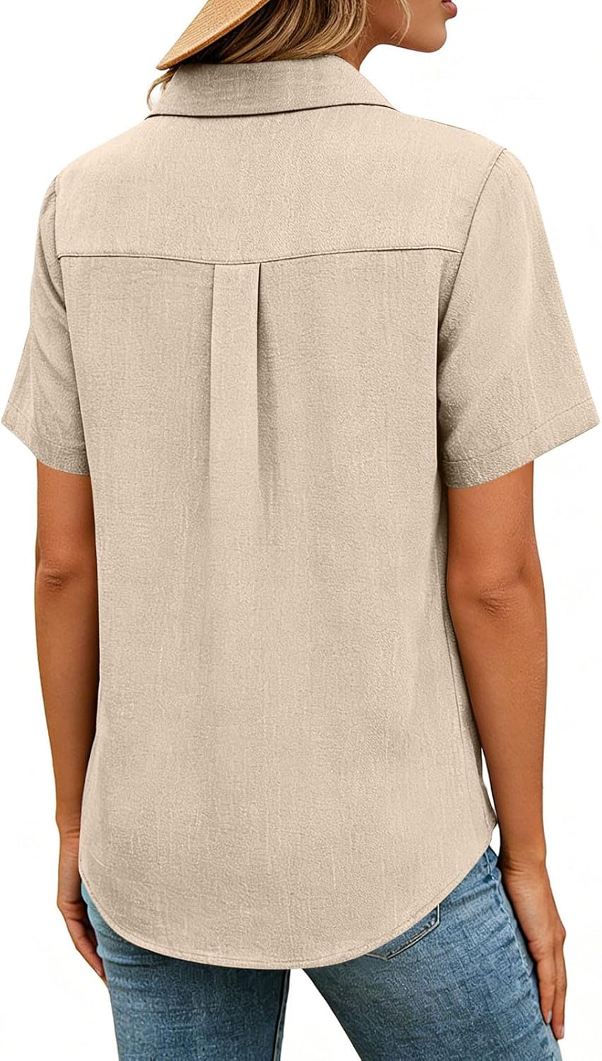 Women's Plus Size Oversized Button Down Shirts Short Sleeve Linen Cotton Gauze Blouse Casual Dressy Loose Elegant