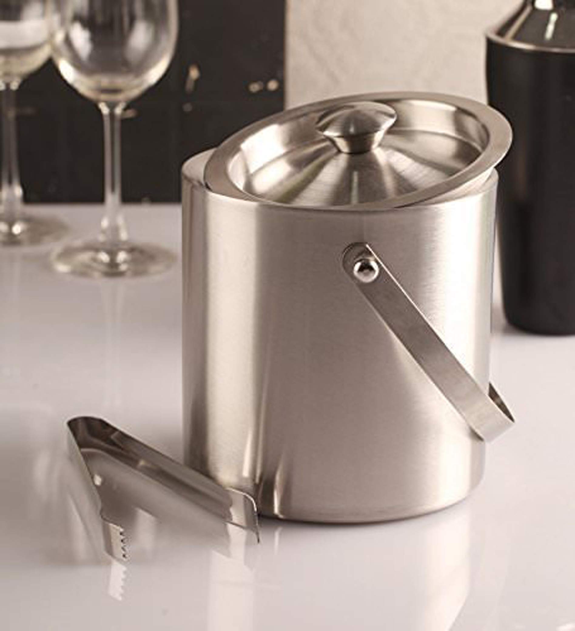 HAINE Stainless Steel Barware Set of Double Wall Ice Bucket, Ice Tong and Peg Measuring Jig, 1600 ml