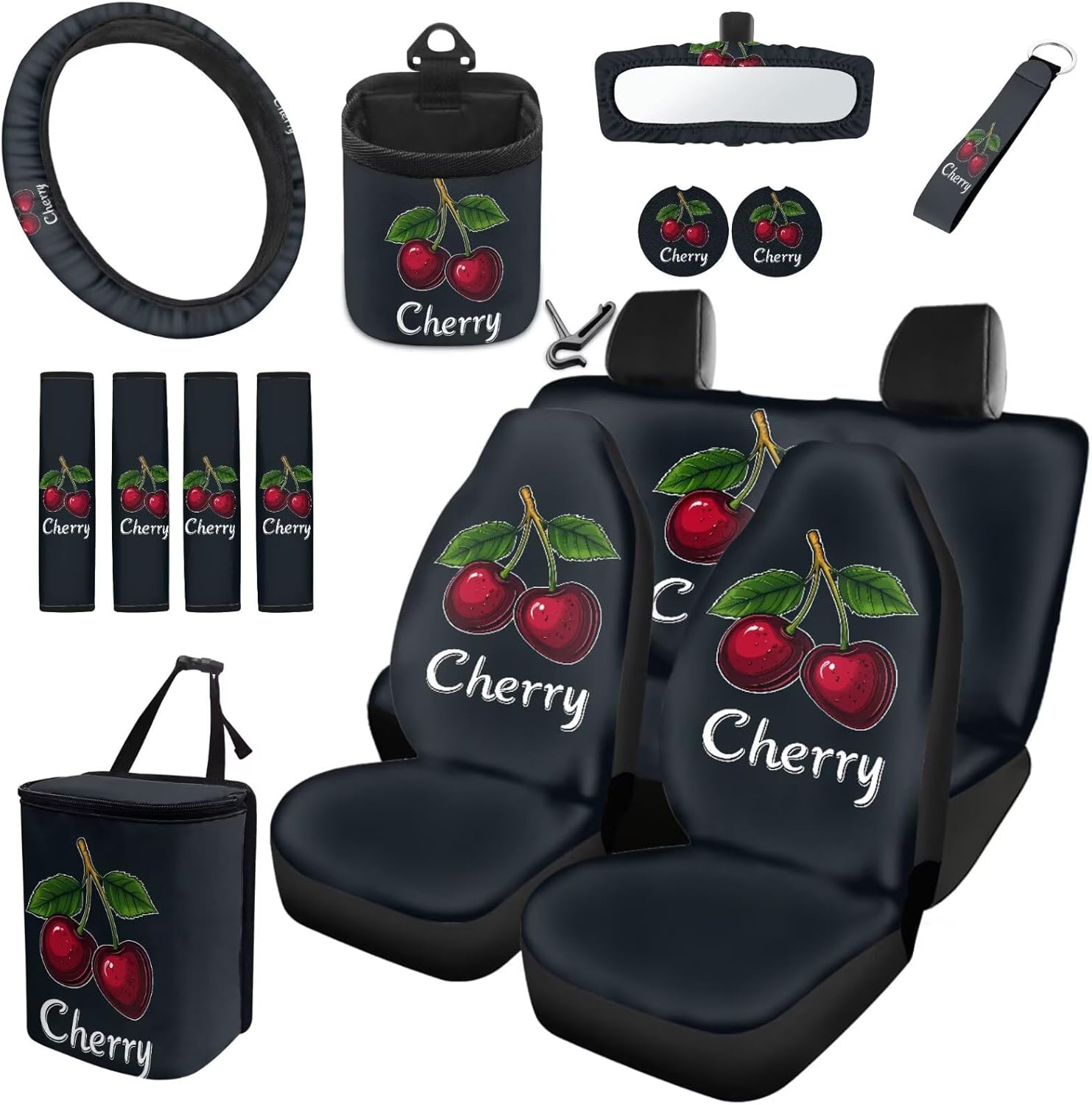 Cherry Car Interior Seat Covers 15 Pcs Easy to Install Auto Accessories with Seat Belt Cover, Steering Wheel Cover, Cup Holder, Key Chain, Car Decor Gift for Holiday