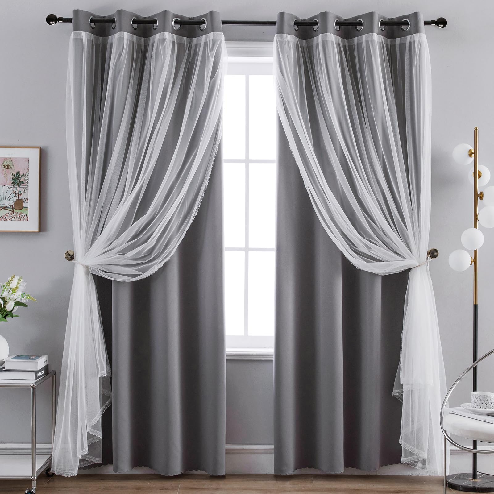 Anytime Home Curtains Blackout and Sheer Layered Solid Window Curtain Panel Pair with Grommet Top, 52Wx84L,Grey
