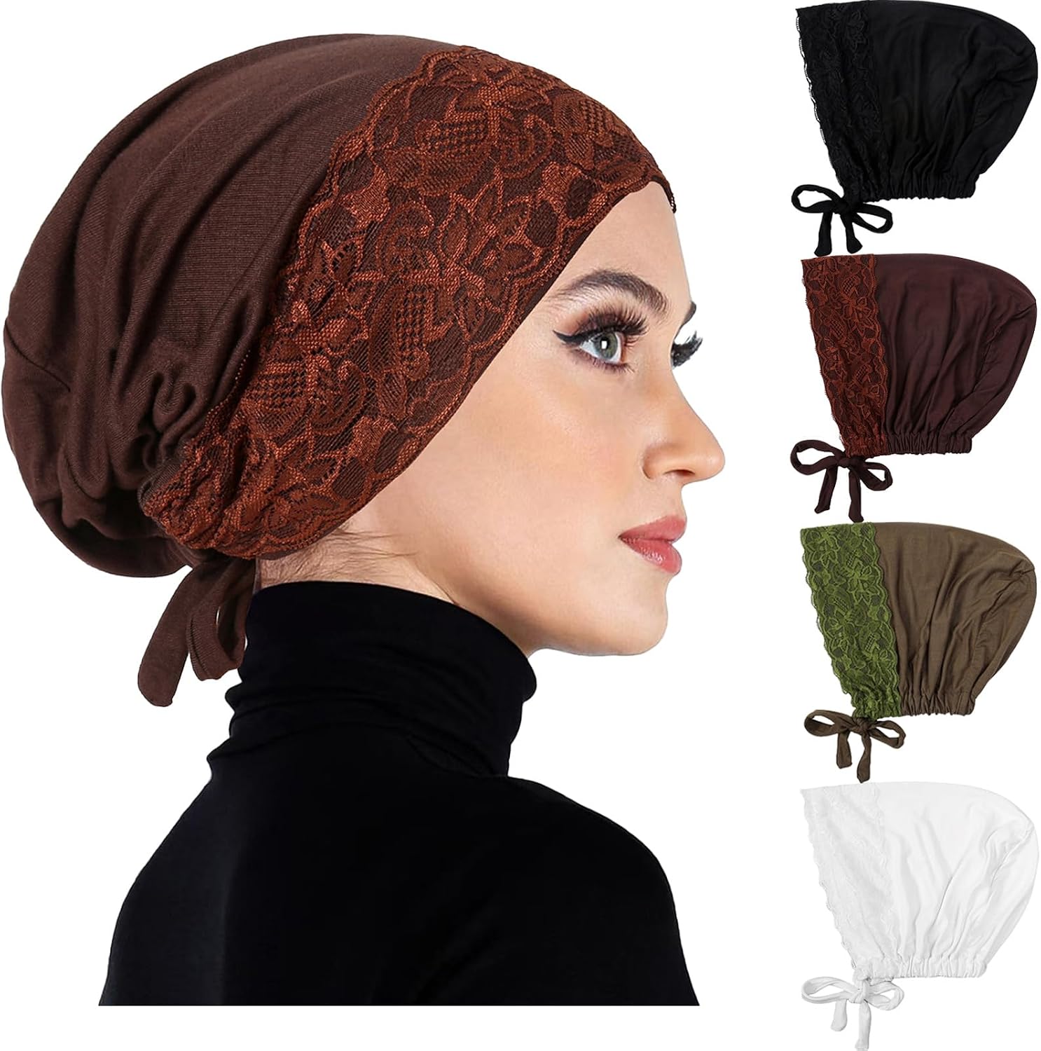 4 Pcs Women Hijab Undercap Muslim Lace Inner Beanies Cap with Tie Back Muslim Under Scarf Hijab Cap Islamic Turban