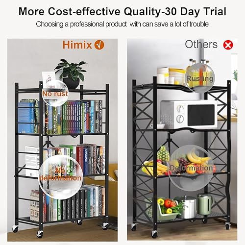 Miniatura 7 de Himix Estantes de almacenamiento con ganchos, estantería de metal plegable sobre ruedas, estantes plegables sin montaje para almacenamiento,