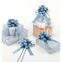 HUIHUANG Dusty Blue Pull Bows 4"x8" Blue Satin Gift Bow for Gift Wrapping, Presents, Gift Basket, Paper Bag, Baby Shower Favors, Wrapping Accessories, Wedding Bridal Shower Decor, 12 PCS