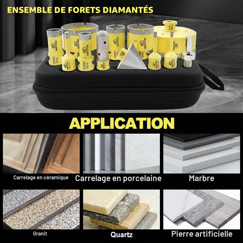 Foret Diamant Carrelage 12 Pièces - 9 Scies Cloche M14 (6/6/8/20/25/35/50/68/110mm), Fraise 20mm, Chanfrein 50mm, Adaptateur M14/Hex pour Céramique, Marbre, Granit, pour Meuleuse