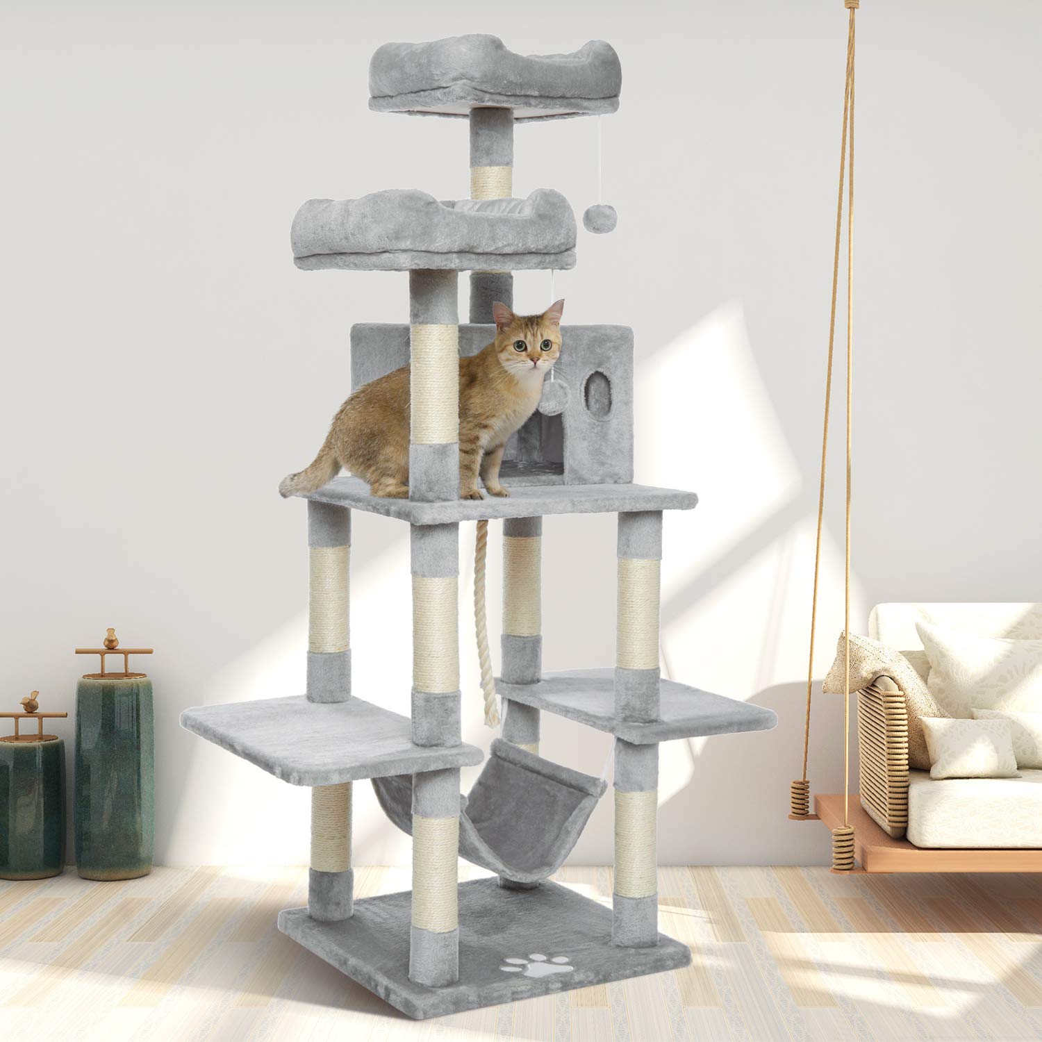 Meerveil Tiragraffi per Gatti con 2 Palle, 145cm Tiragraffi Albero di Gatto con Graffiatoio Gatto Tiragraffi Giocattolo in Sisal Naturale, Grigio Chiaro