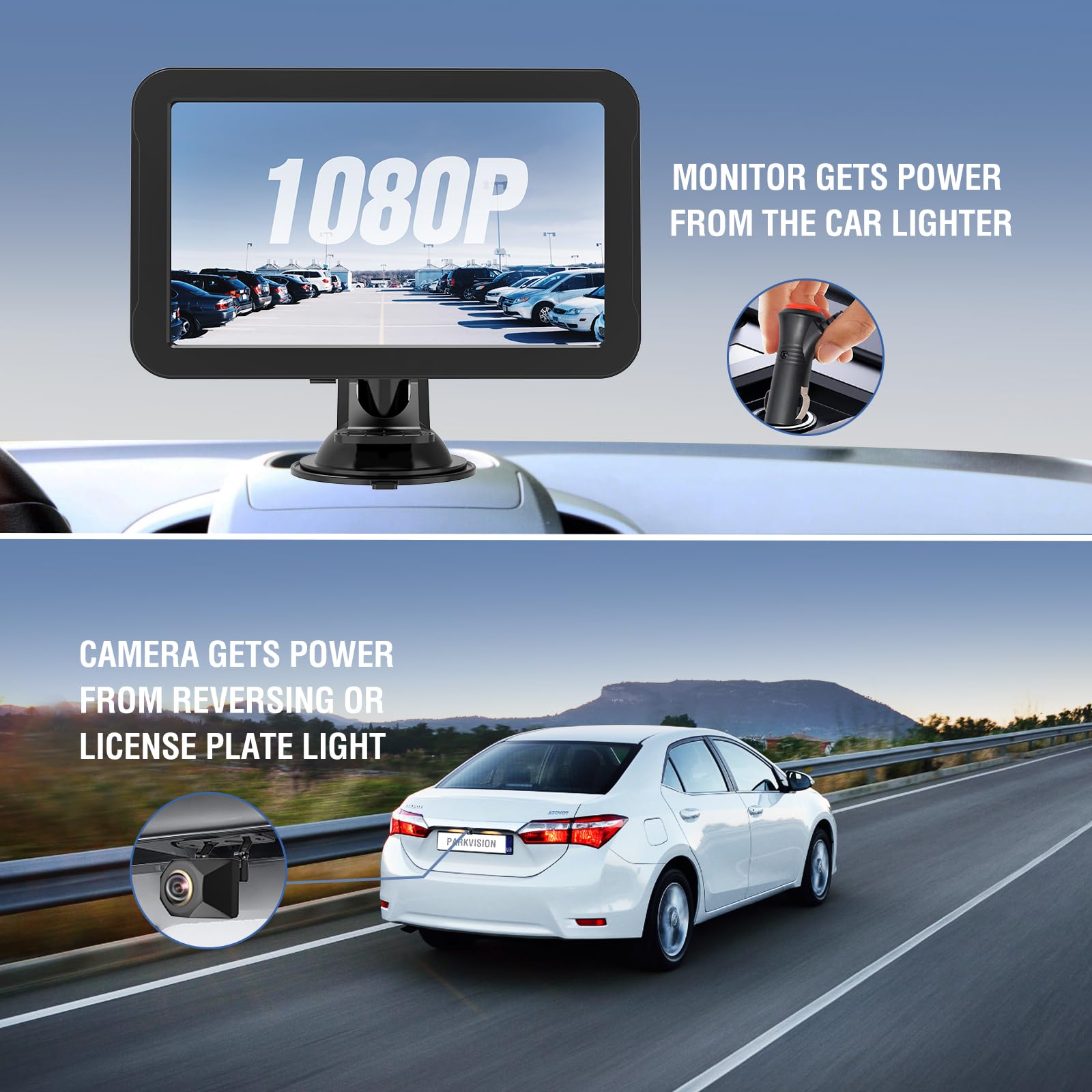 PARKVISION Rückfahrkamera Set 7" Monitor, Kabel, 12V, PKW SUV Pick-up | Plug & Play: Strom via Zigarettenanzünder oder Rückfahrscheinwerfer