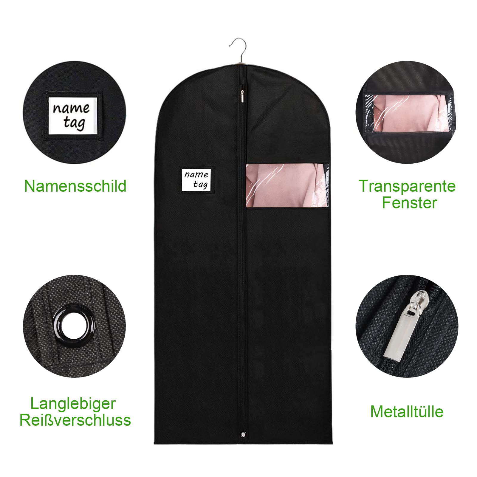 KEEGH Sacco appendiabiti da 152 cm (set da 10 pezzi) per riporre gli abiti | Custodia per abiti con cerniera e giacca per abiti con occhielli pieghevoli, colore nero