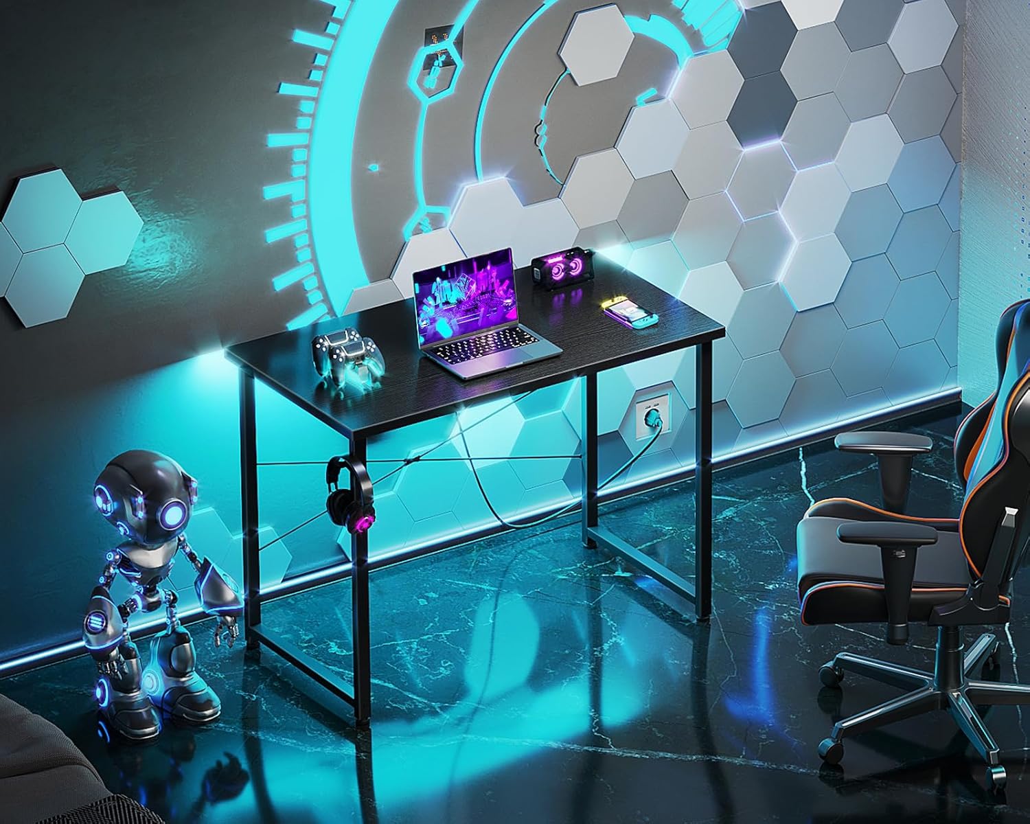 ODK desk in a modern room with a gaming setup, laptop, and robot figure.