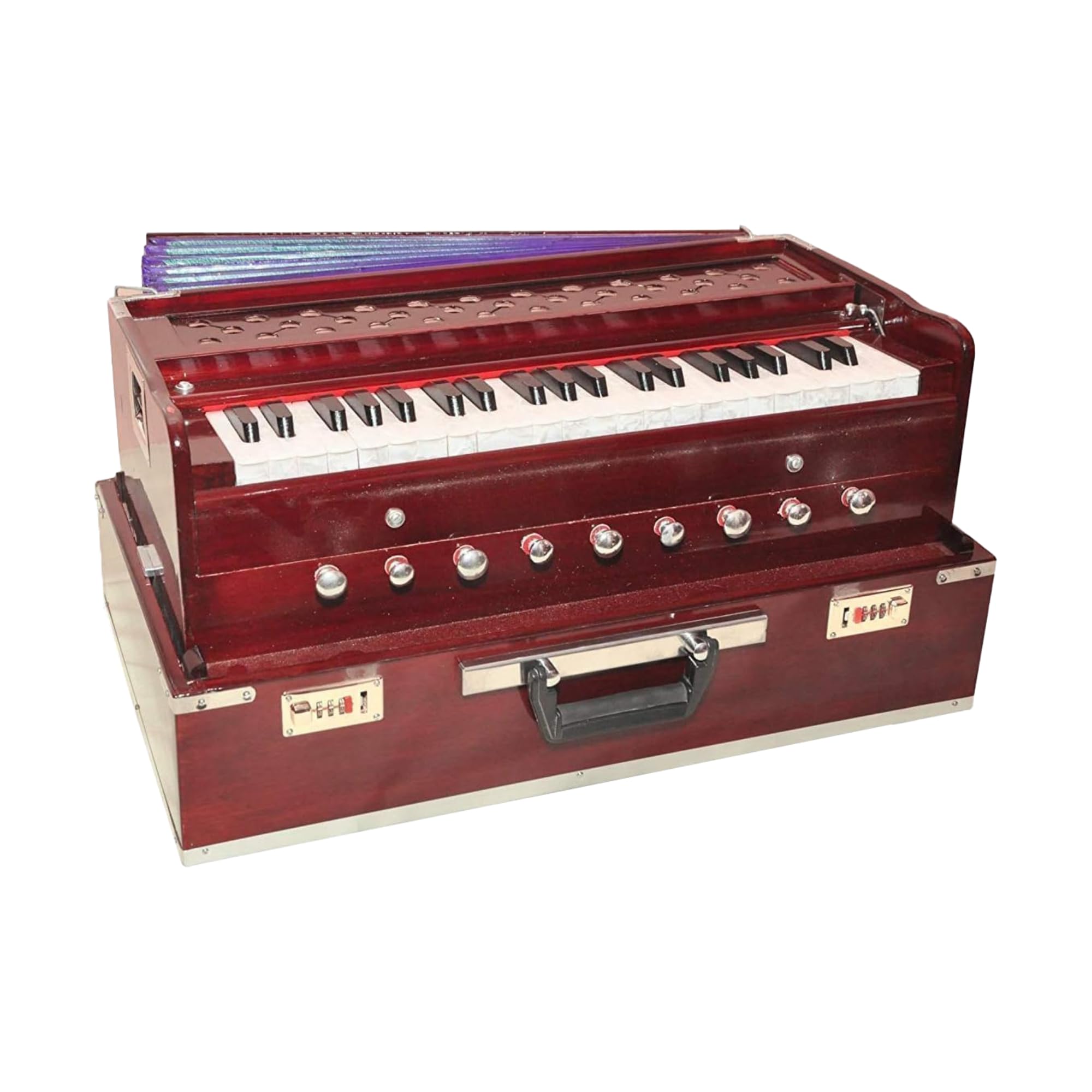 Chudidaar Harmonium 9 Stopper (tragbar), Chudidaar 7 Balg, 42 Tasten, zwei Blätter (Bass-Stecker), 3 1/2 Oktave, Koppler, Harmonium mit Abdeckung (Mahagonifarbe)