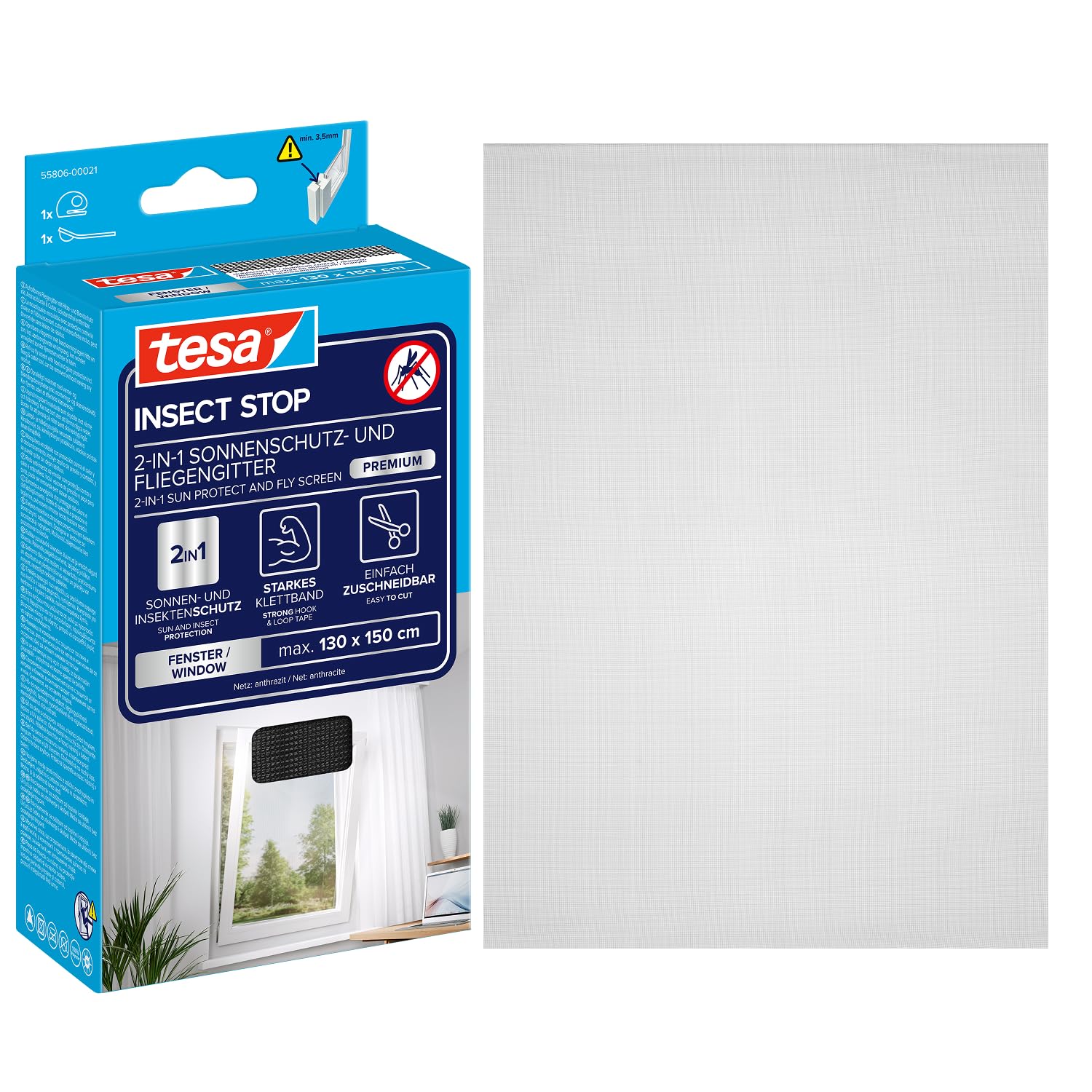 tesa Insect Stop SUN PROTECT Fly Screen Window - Insect Screen with Glare & Sun Protection - Fly Net Without Drilling - Anthracite, 130 cm x 150 cm