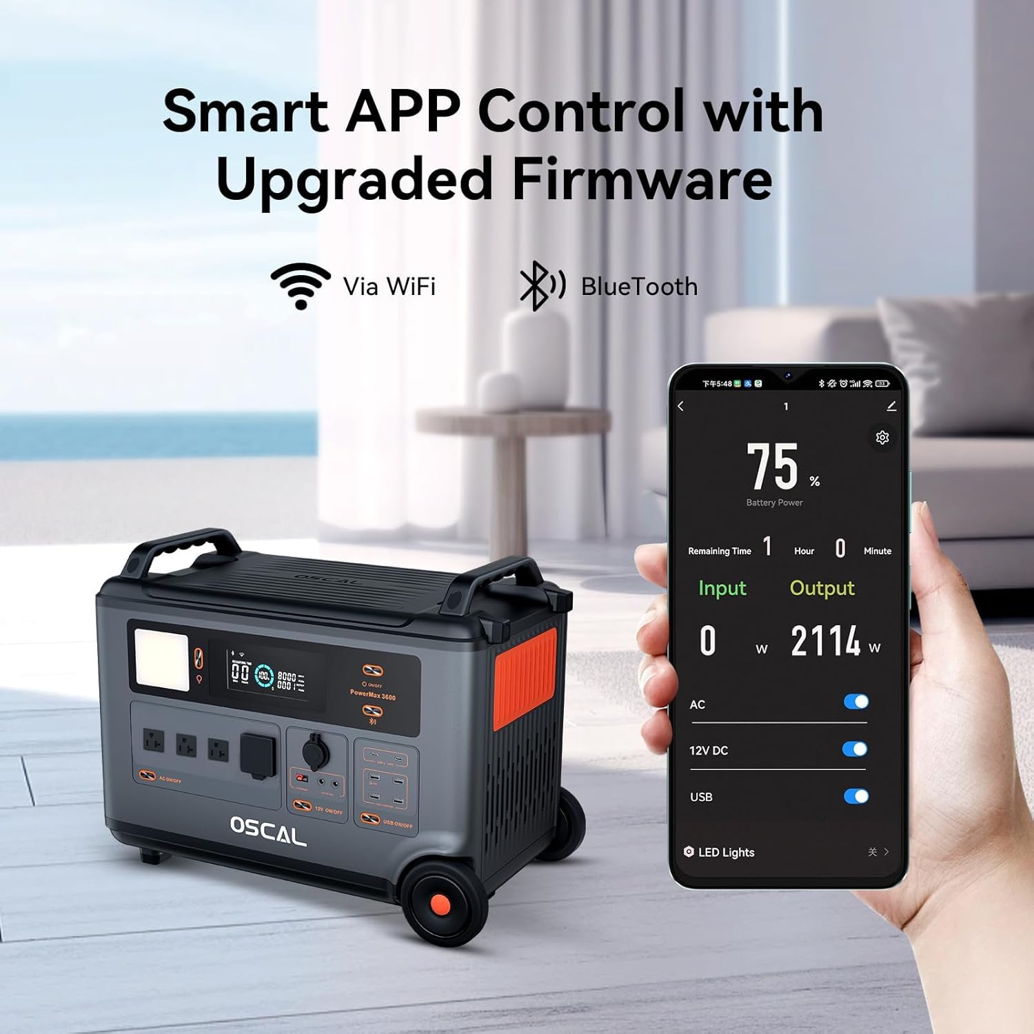 Smartphone screen showing the OSCAL PowerMax 3600 smart app interface