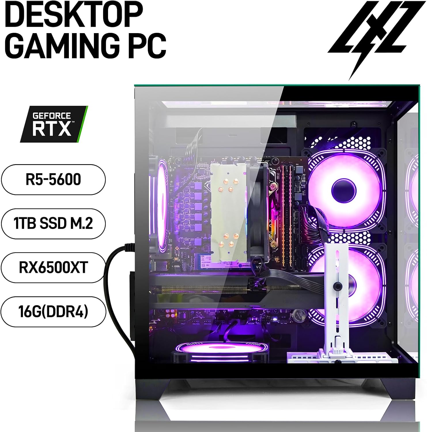 LXZ Gaming PC Desktop - Ryzen 5 5600 | GeForce 6500xt 4GB | 16GB DDR4 | 1TB NVME SSD | DP/HDMI/DVI, Prebuilt Tower Computer for Gaming, Home and Office