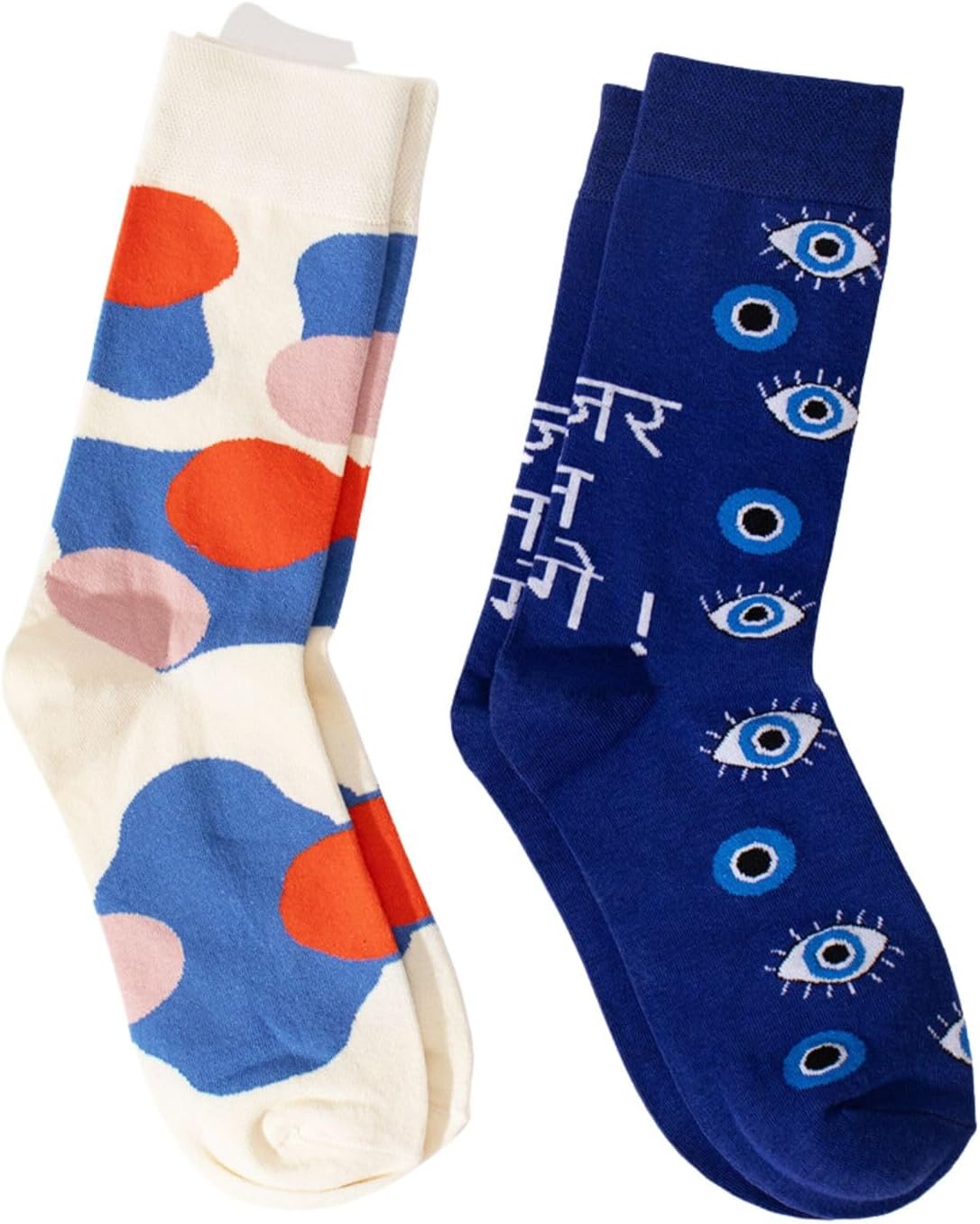 THELA GAADI Evil Eye & Abstract Pattern Printed Socks | Pure Cotton Printed Funky Socks for Men & Women | Unisex, Crew Length Socks | Odour Free, Breathable, Adaptive Fit | Pack of 2, Multicolour,