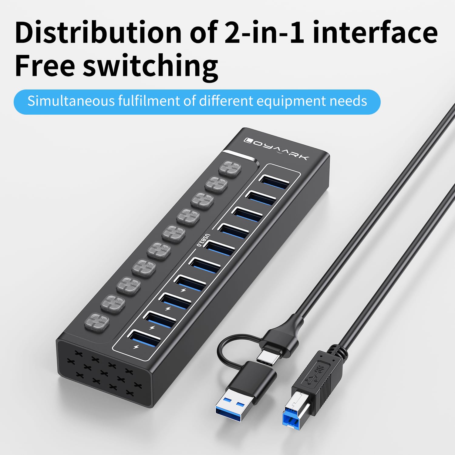 Hub USB 3.0, divisor de concentrador USB de 10 puertos con interruptores individuales y luces indicadoras, 10 puertos USB 3.0 de transferencia de datos, 4 de los cuales se pueden utilizar para carga