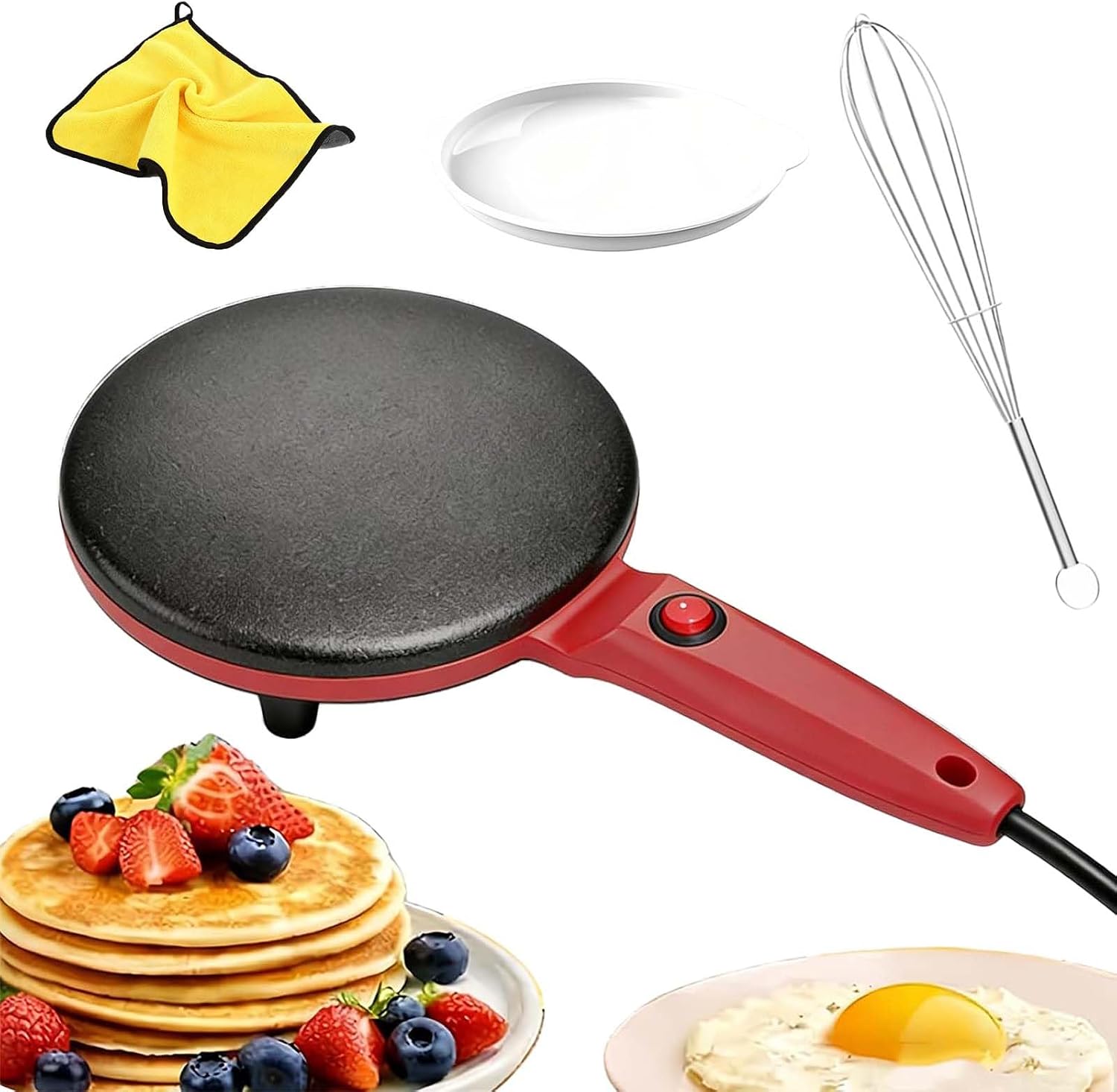 Instant 8" Electric Crepe Maker Quick Heat, Electric Crepe Maker 8 Inch, Fully Automatic Pancakes Pan with Auto Temperature Control, Comfortable Long Handle, Even Heating (Red,2PCS)