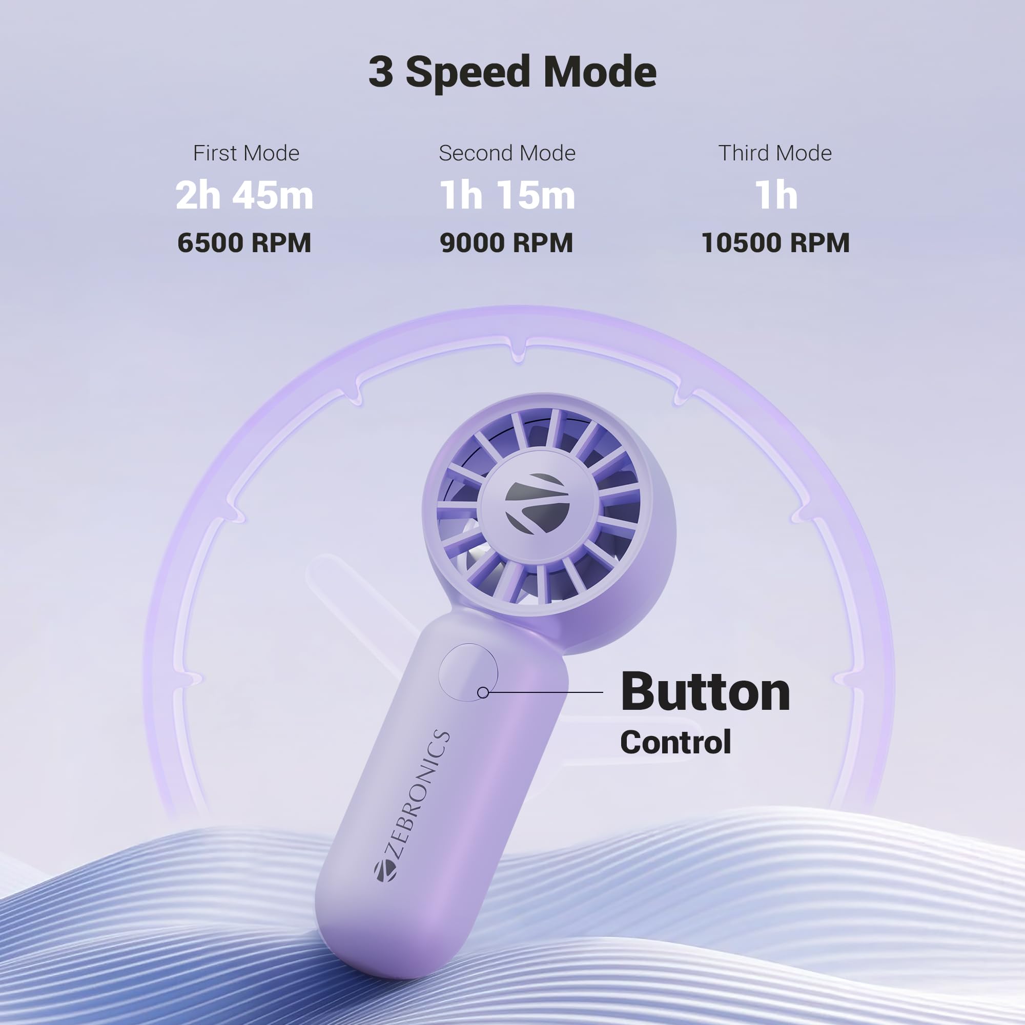 ZEBRONICS Heat Buster 100, Mini Portable Hand Fan, 10500 RPM, 3 Speed Modes with Brushless Motor, Upto 5.4m/s Airflow, Type C Charging, for Travel, Makeup, Office, Home (Purple) — Amazon image 4