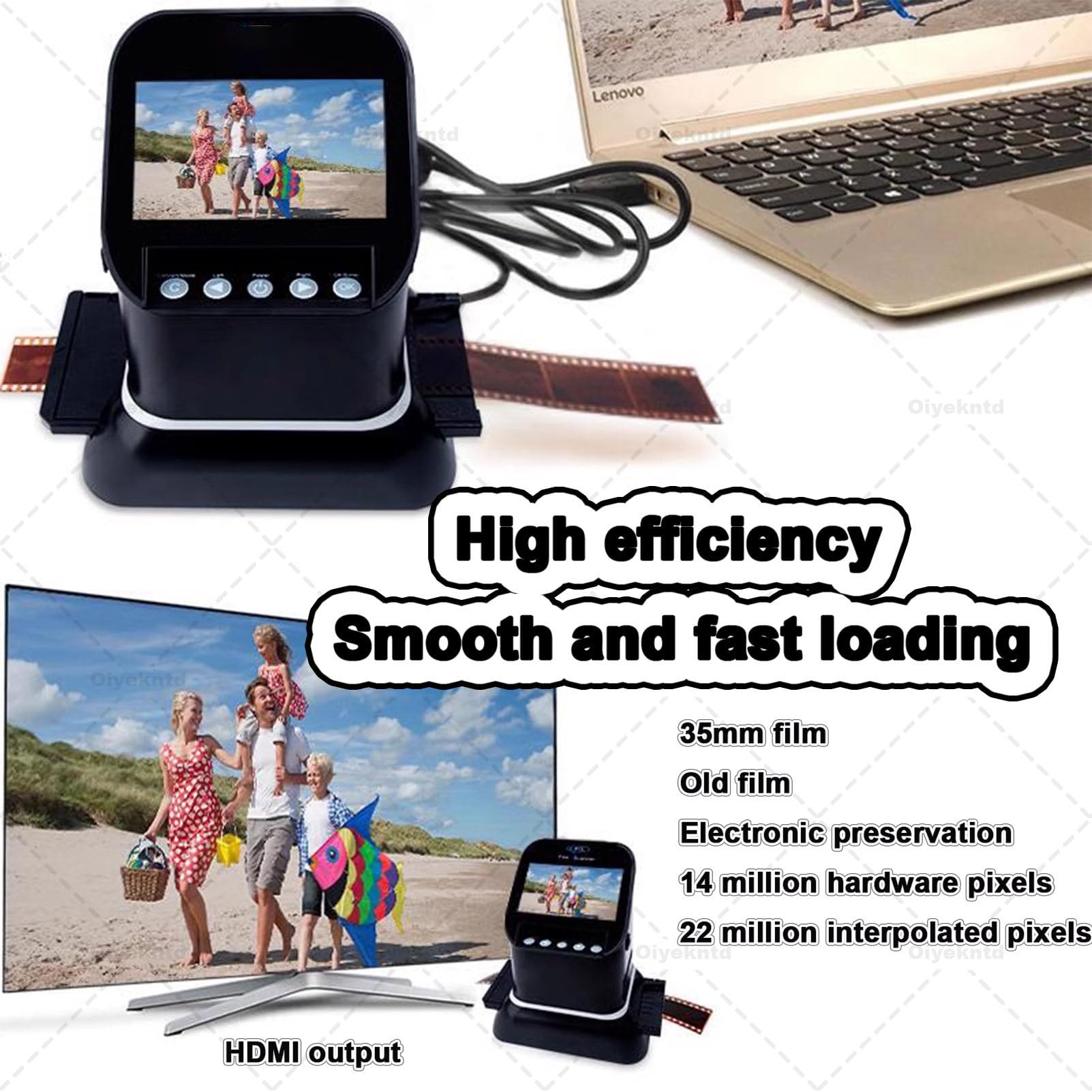 Scanner numérique de films et diapositives 22 MP, convertit les films et diapositives 135, 126, 120 et 127 en négatifs, photos couleur, noir et blanc et format JPG, écran LCD 4,3 pouces, scanner