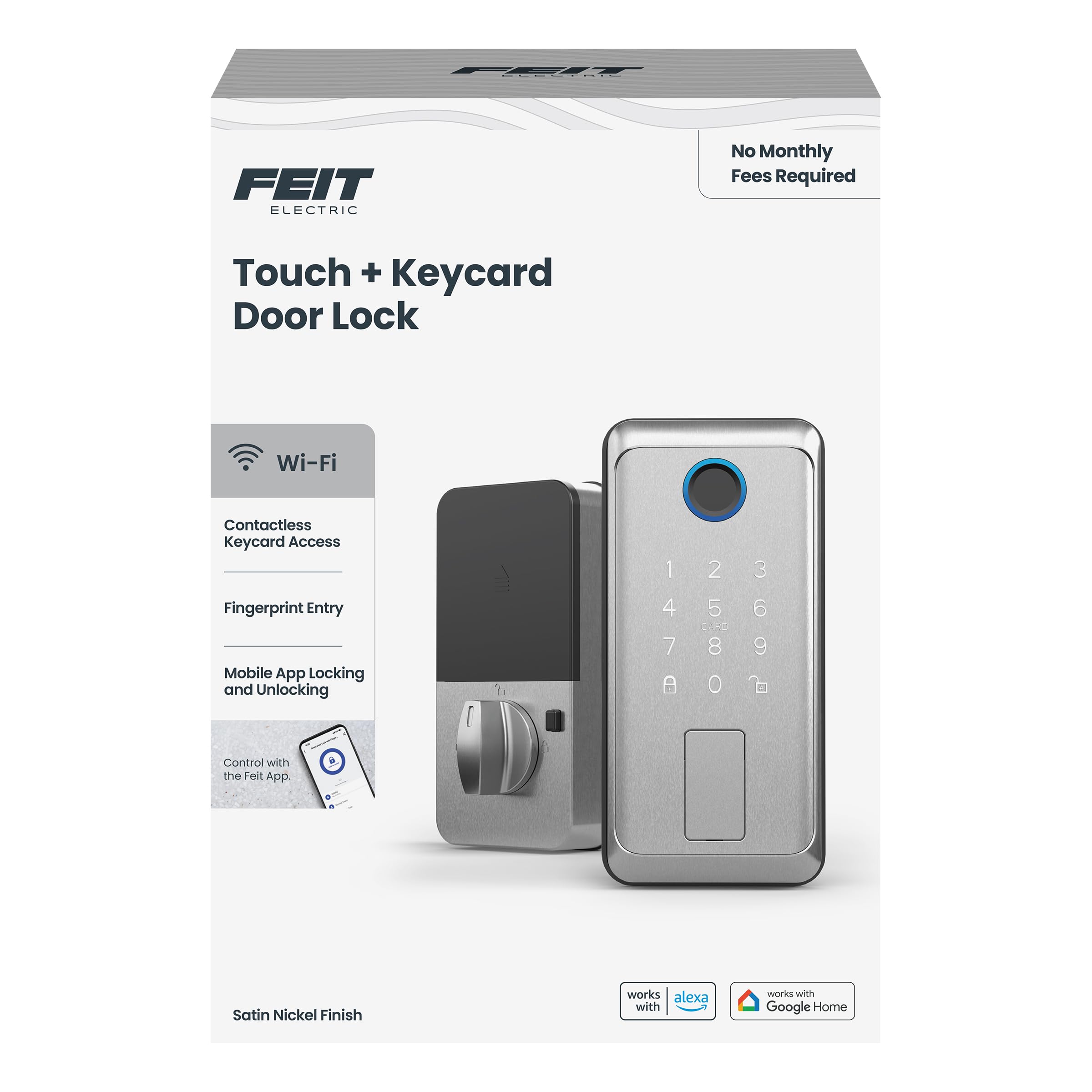 Feit Electric Smart Touch, Keycard Door Lock, Fingerprint, NFC Keycard, Keypad, App Control, Auto-Lock, 100 Codes, Weatherproof, USB-C Backup, Smart Home Security Lock, Satin Nickel Finish