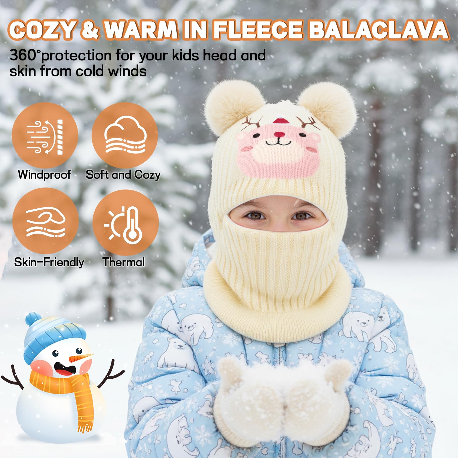 Kinder Wintermütze Sturmhaube für 4-8 Jahre, Multifunktions Thermo Winddichte Strickmütze Halswärmer Schal für Mädchen Jungen, Fleece Gefütterte Schlupfmütze Kapuze für Outdoor-Aktivitäten