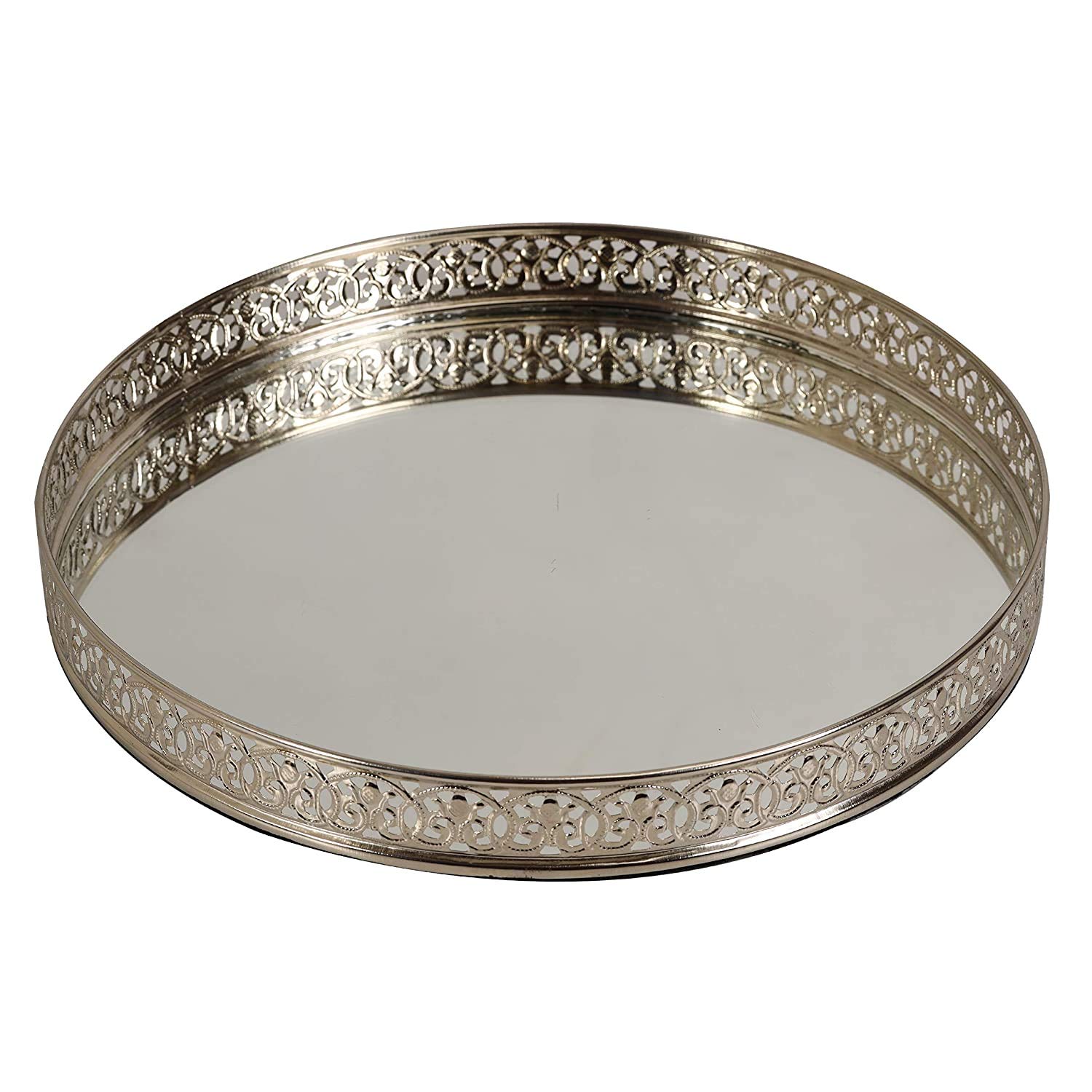 Copper/Silvery/Gold Plated Metal and Glass Round Decorative Laser Cutting Tray Scratch-Resistant Glass Mirror Vanity Cosmetics Perfume Organizer (Silver, 10 Dia)