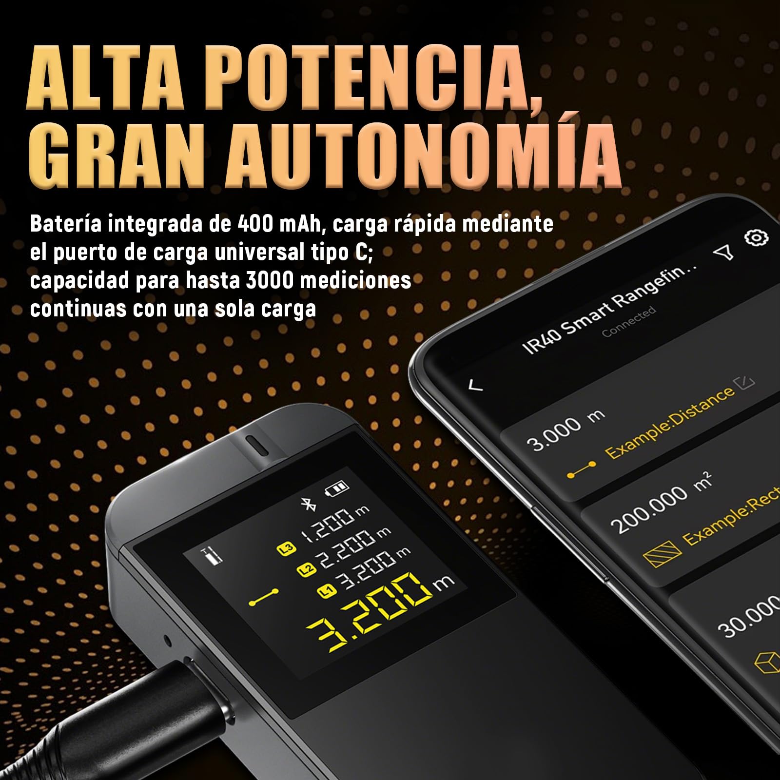 Telémetro Láser IR40 40m, Precisión ±2 mm, Medidor Laser Distancia con Bluetooth, Pantalla de Giro Automático, 8 Modos, Batería Recargable, para Bricolaje, Mide Distancia, Superficie, Volumen y Altura