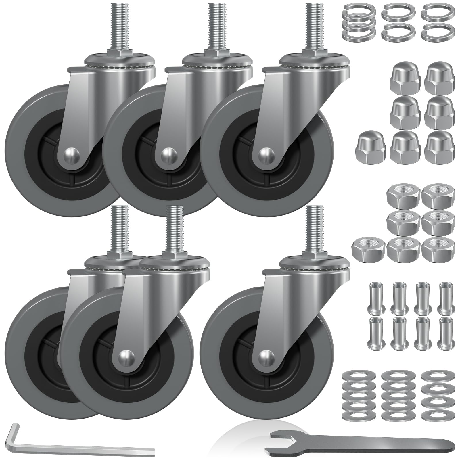 3 Inch Creeper Replacement Wheels 6 Pack Swivel Caster Wheel snap on cart Castor for Creeper Service Cart Stool Post Mount, M10x 1" Metric Threaded