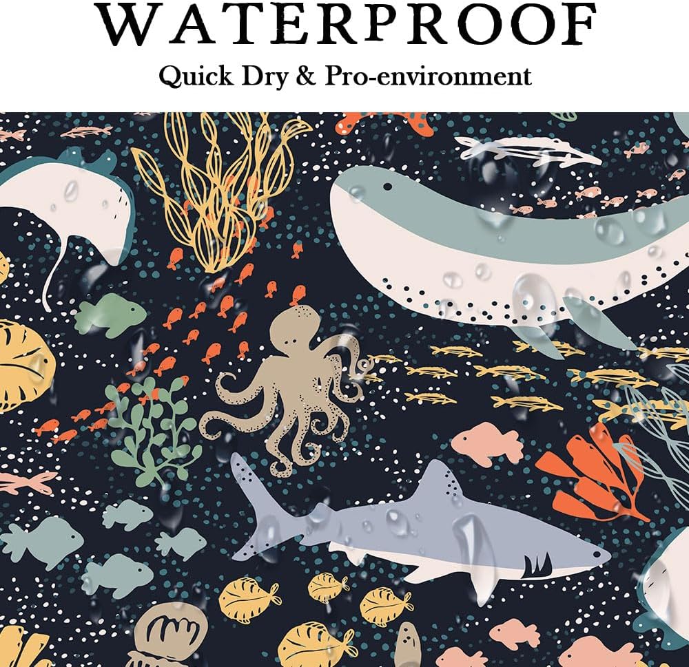 Shark Shower Curtain, Black Boho Ocean Fish Shower Curtain Abstract Underwater Animal Cartoon Bathroom Curtain with Colorful Fabric Shower Curtains for Kids Bathtub Decor (70 X 75 inch)