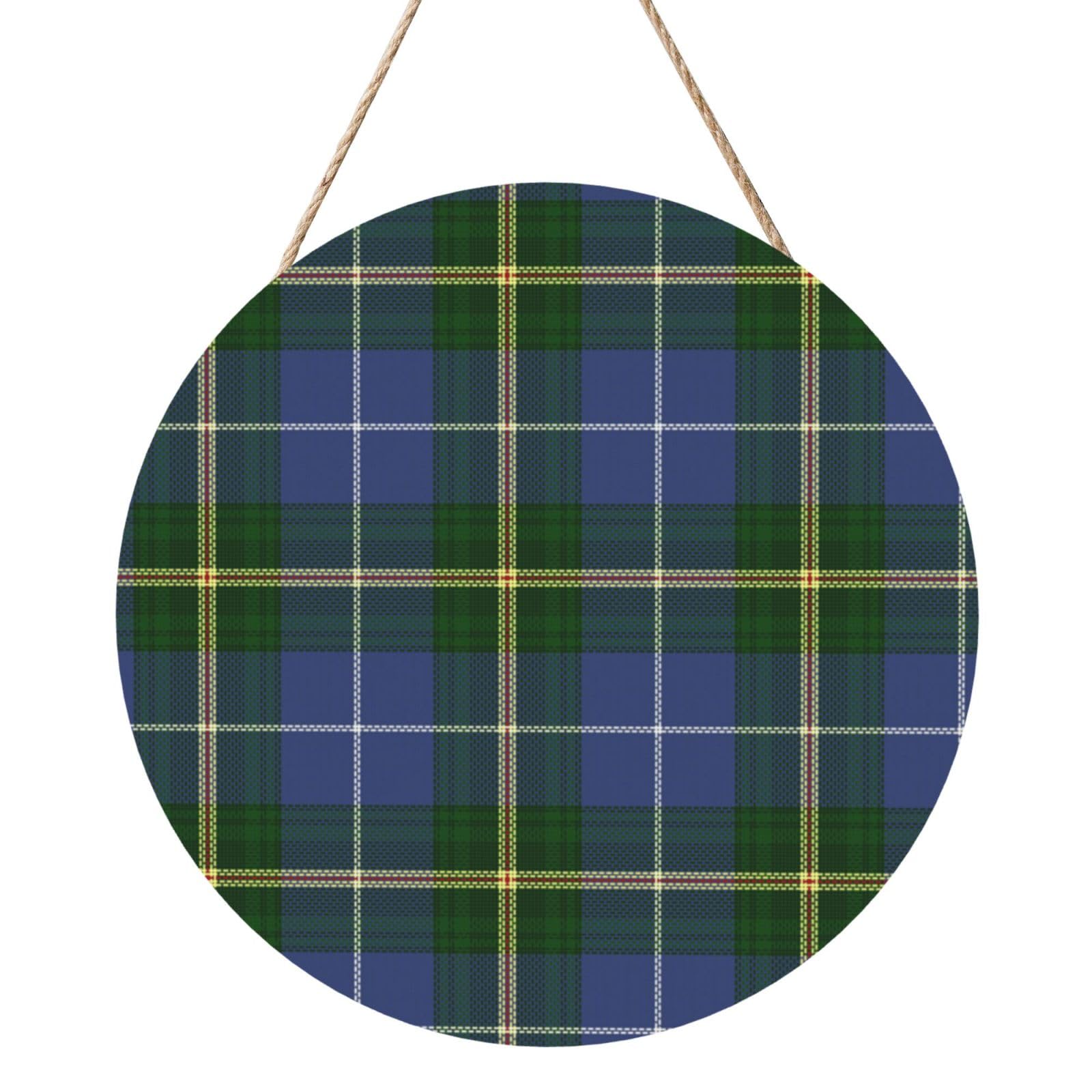 InOmak Blue Nova Scotia Tartan Plaid, Round Wood Panel Painting 12 in, Wall Hanging Painting For Home