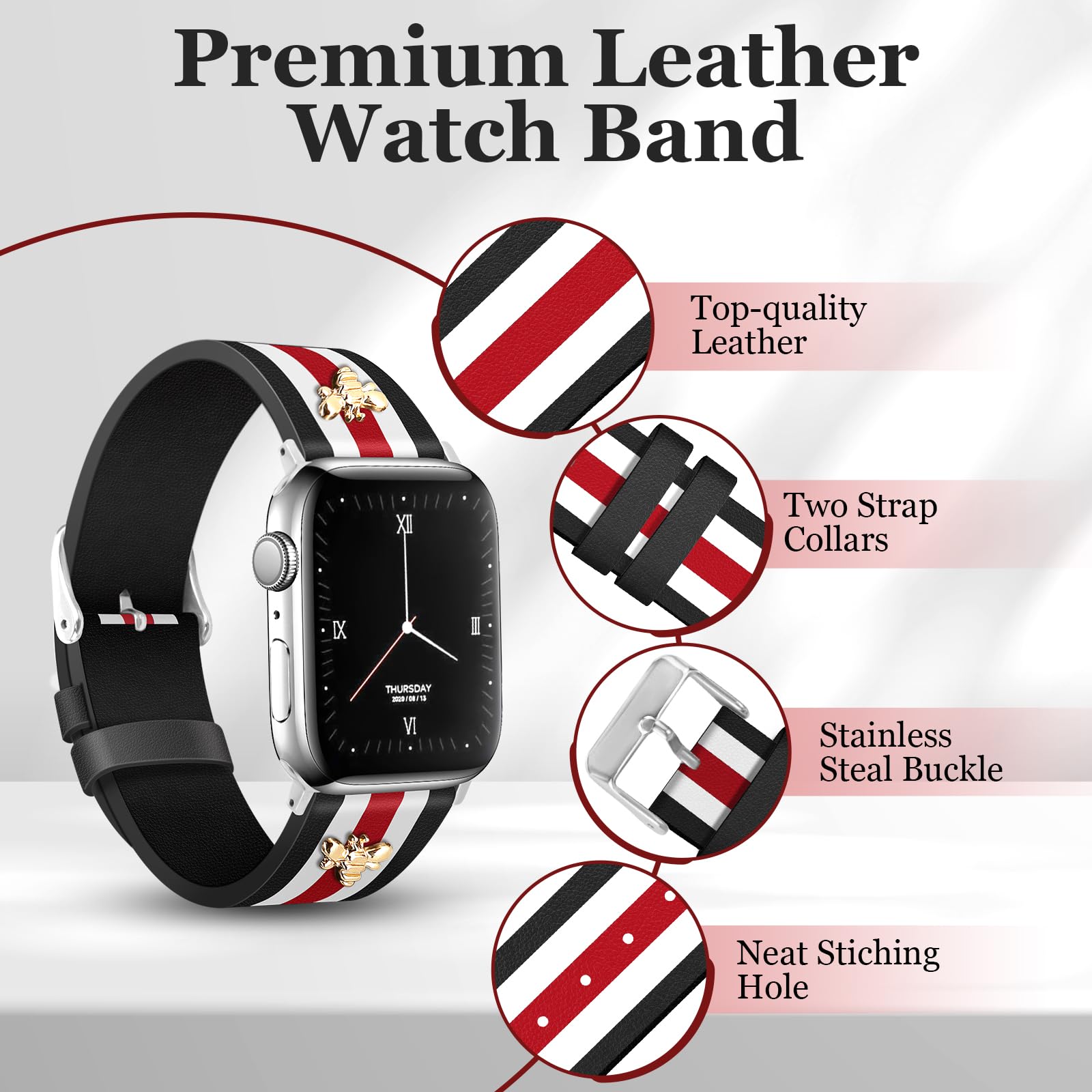 MOINSPIRE Designer-Lederarmband mit Charms, kompatibel mit Apple Watch 38 mm, 40 mm, 41 mm, 42 mm (S10), 42 mm (S1/2/3), 44 mm, 45 mm, 46 mm, 49 mm, für Damen und Herren, Armband für iWatch Serie 10/9