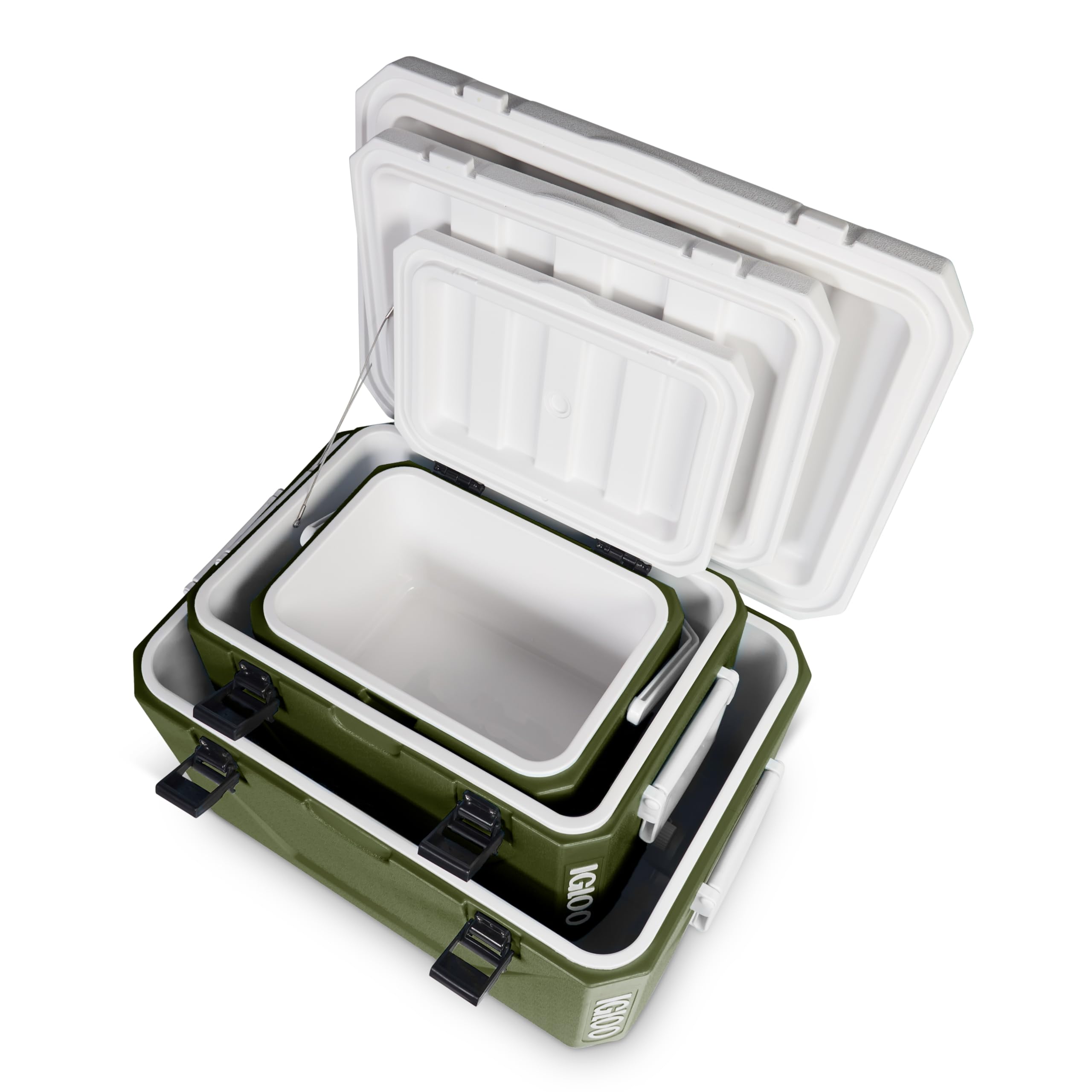 IGLOO Set di ghiacciaie passive impilabili 55 L + 27 L + 11 L – Contenitori termici leggeri & resistenti per campeggio, spiaggia & outdoor – Design salvaspazio impilabile, Verde