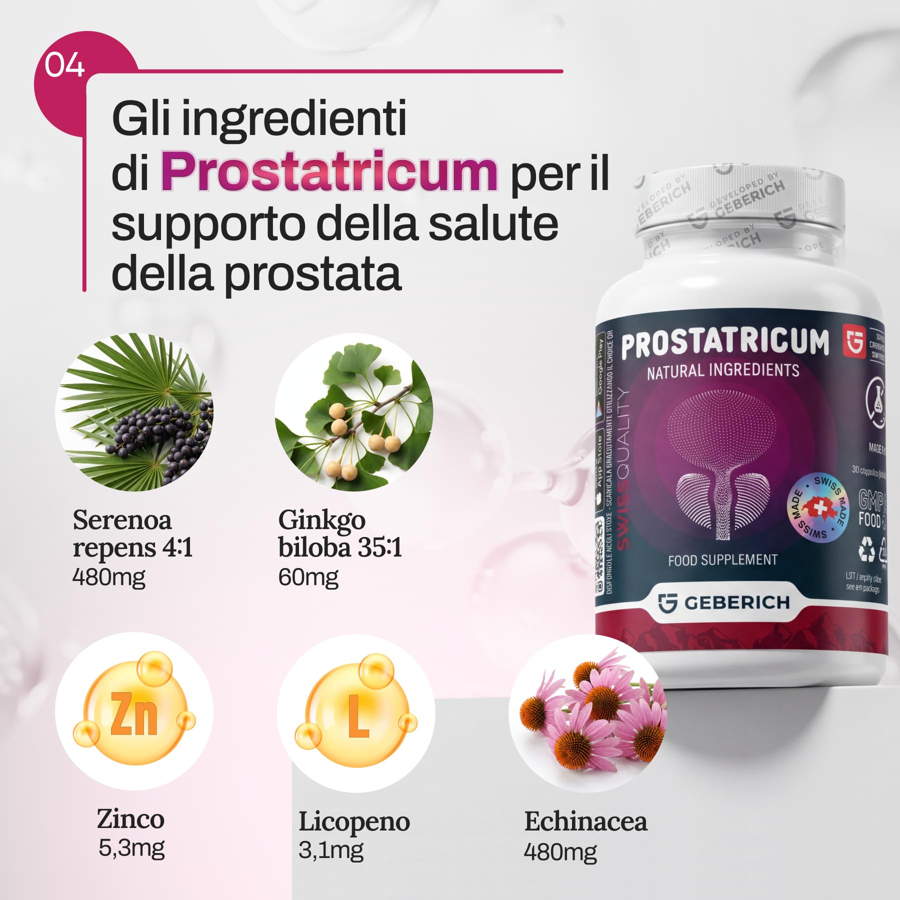 (4 Pacchi) Capsule PROSTATRICUM | Supporto delle Vie Urinarie | Serenoa Repens 480mg + Echinacea 480mg | Supporto per la Prostata | con Ginkgo Biloba, Licopene e Zinco | 30 Capsule