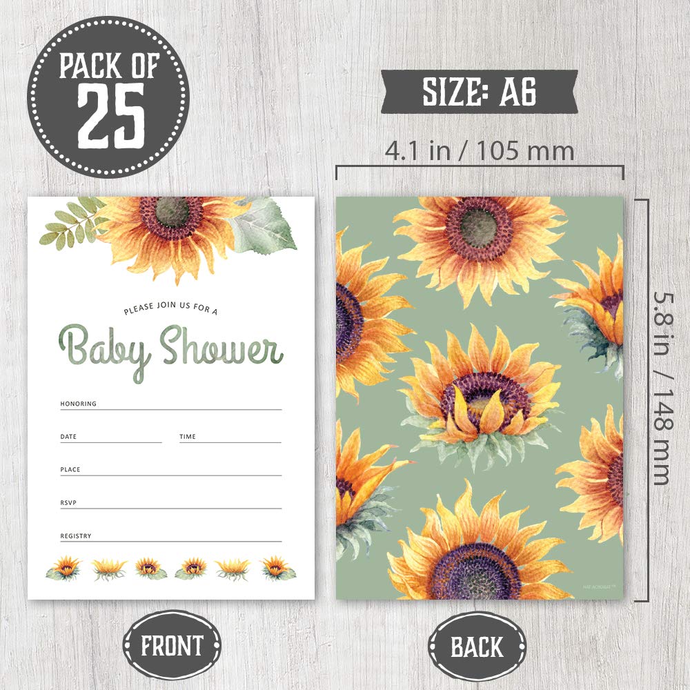 Zestaw 25 zaproszeń na baby shower ze słonecznikiem, bilety na pieluchy i kartki z życzeniami na baby shower, z kopertami, zaproszenia na baby shower dla dziewczynki w kwiaty boho