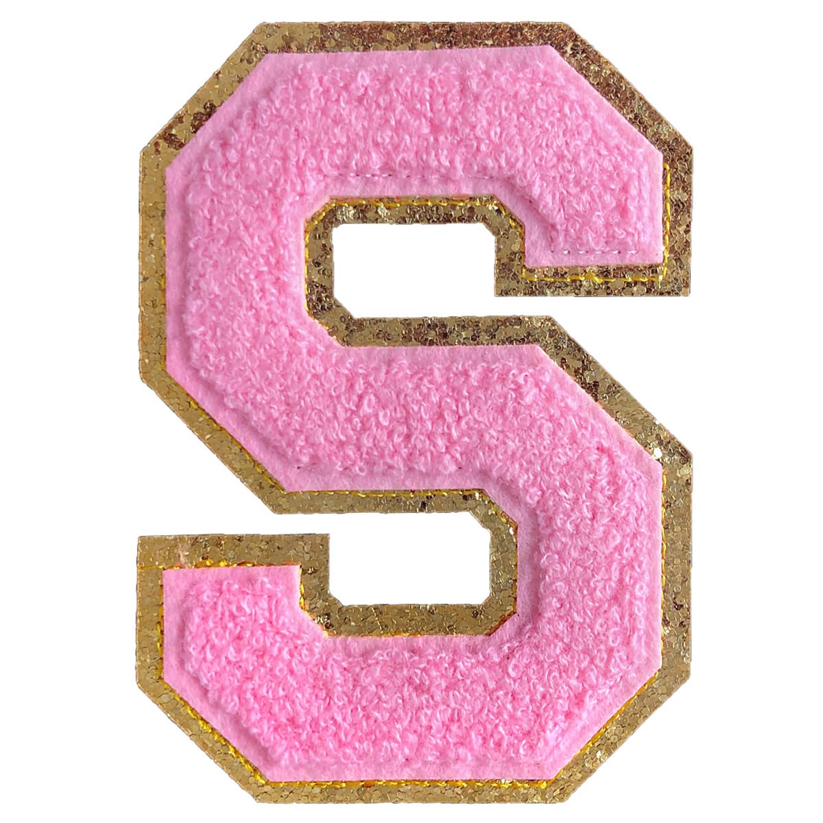 Patch chenille lettre S rose à paillettes : écusson thermocollant bouclette 10cm