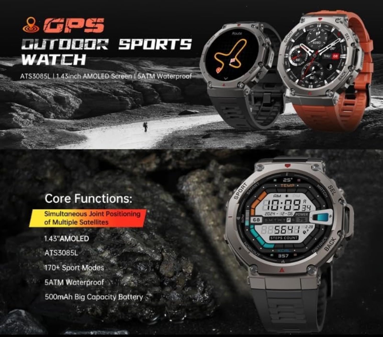 Orologio sportivo GPS per attività all'aperto: schermo AMOLED con posizionamento satellitare multiplo, impermeabile fino a 5 atm, oltre 170 modalità sportive per gli appassionati di attività