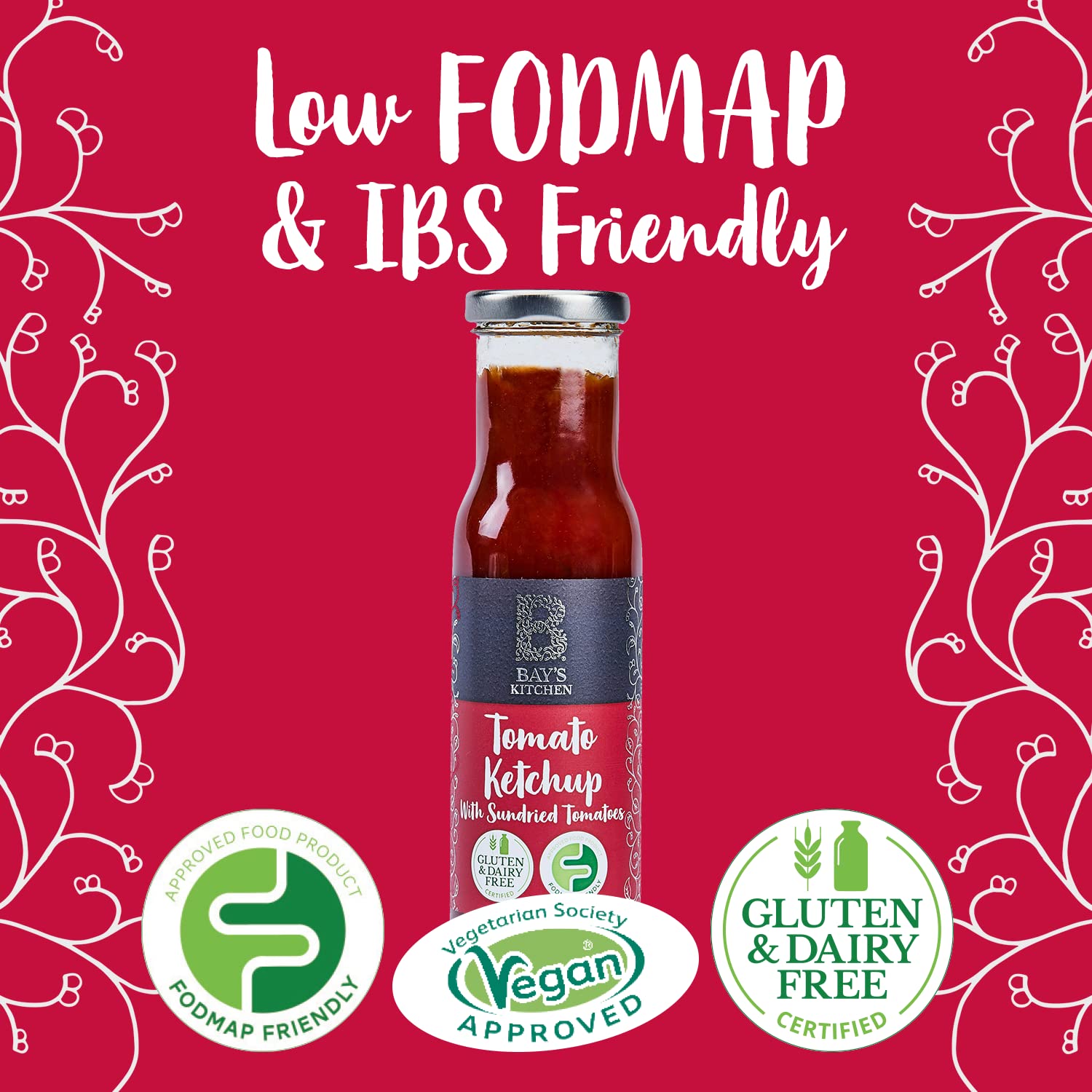 Bay's Kitchen FODMAP ketchup do pomidorów z suszonymi pomidorami do domowego gotowania, bezglutenowy, przyjazny dla IBS i odpowiedni dla wegan (butelka 270 g)