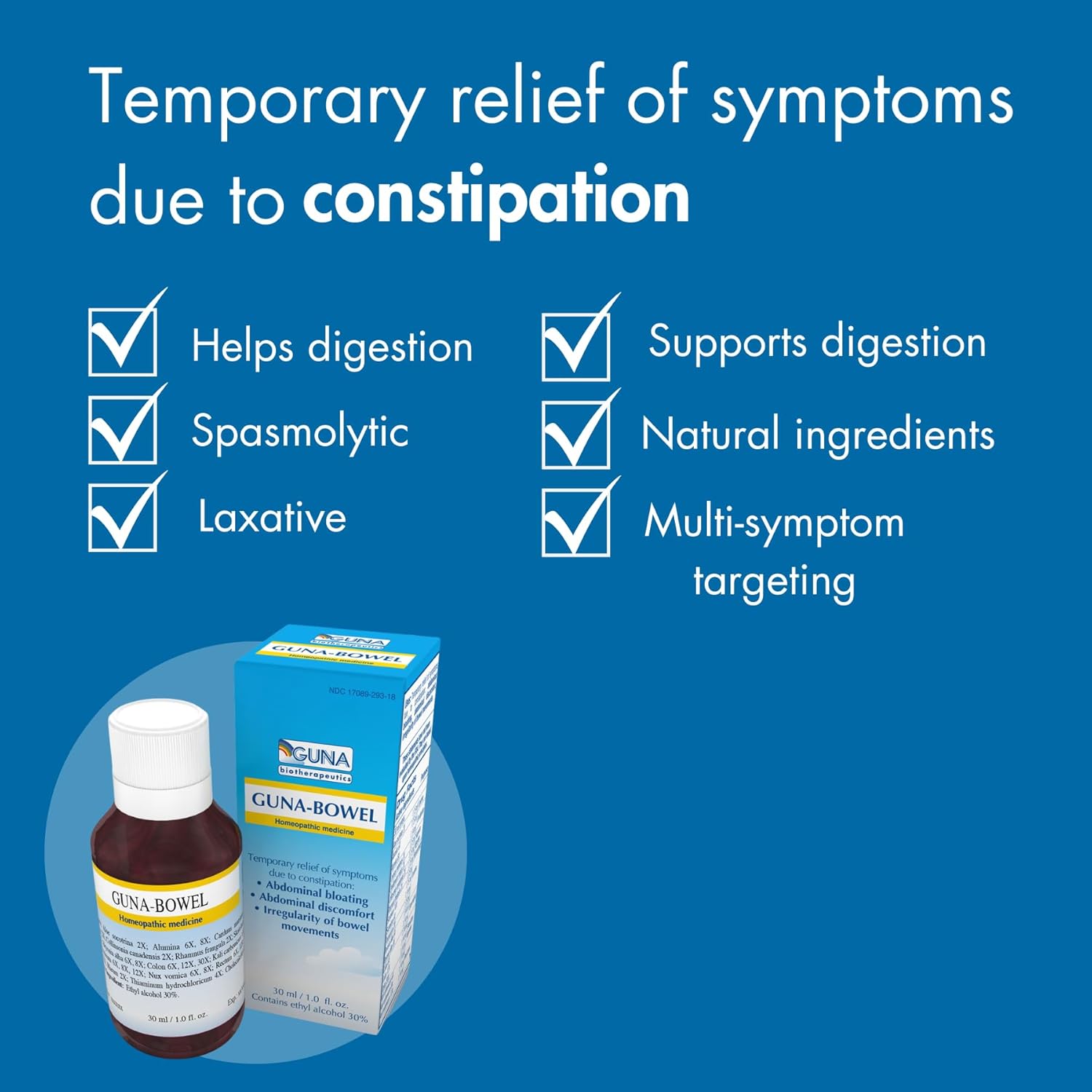 Guna Bowel Homeopathic Medicine for Constipation Abdominal Bloating, Discomfort, Irregular Bowel Movements - 1 Ounce