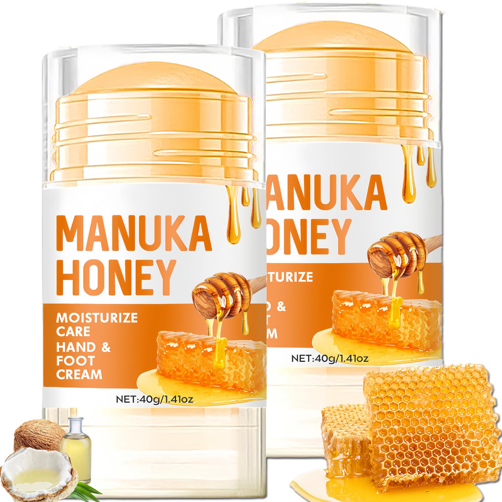 2Pcs Manuka Honey Foot Balm Stick, Moisturizing Hand and Foot Cream for Dry Cracked Heels, Heel Stick Balm for Women & Men, Callus Hydrating Cream for Hands, Elbows & Knees Orange 1.4 Ounce (Pack of 2)