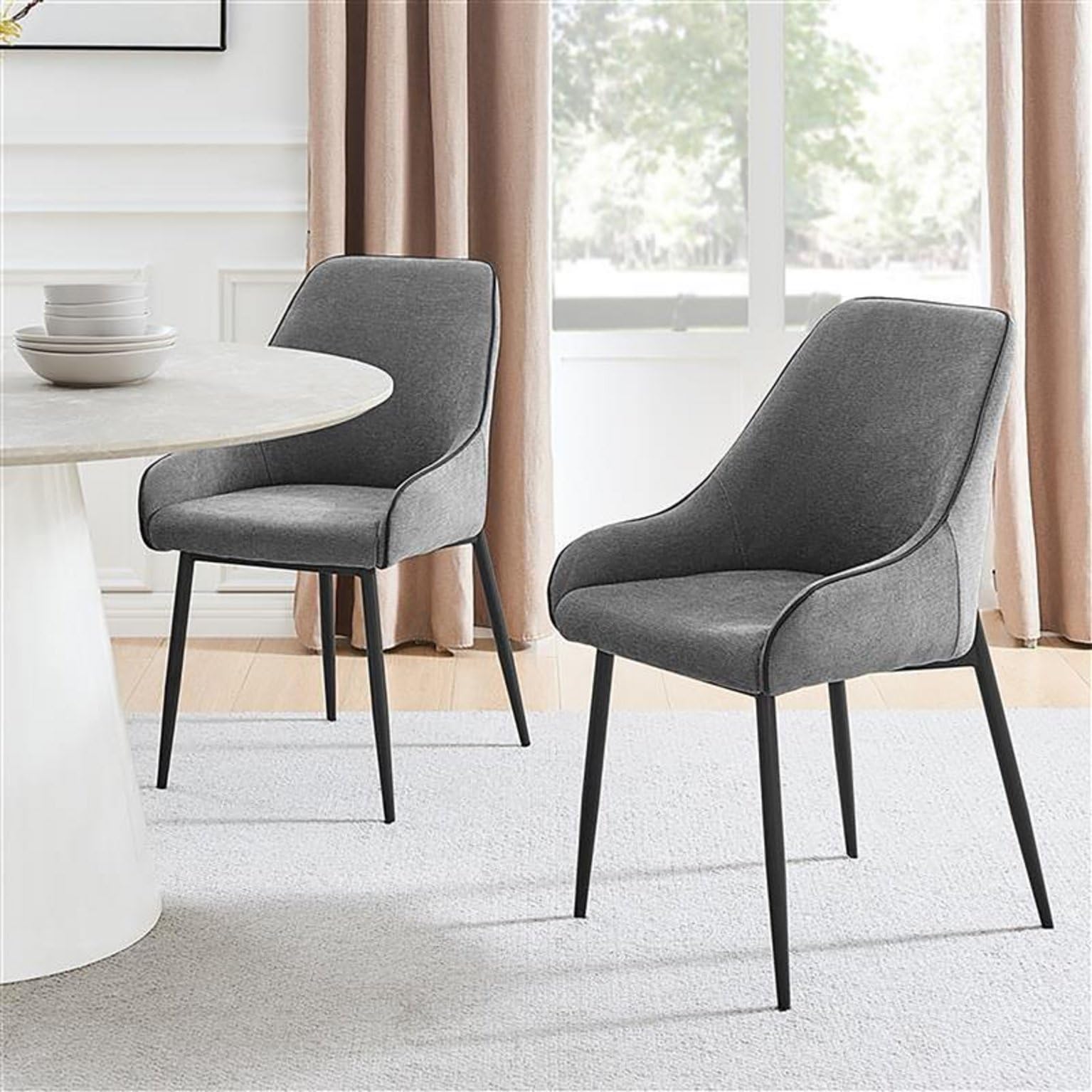 Furniturebox UK Beaumont Grey Fabric Dining Chairs - 2x Black Leg Pair - Upholstered Polyester With Contrasting Black Piping - Modern Dining Room Furniture