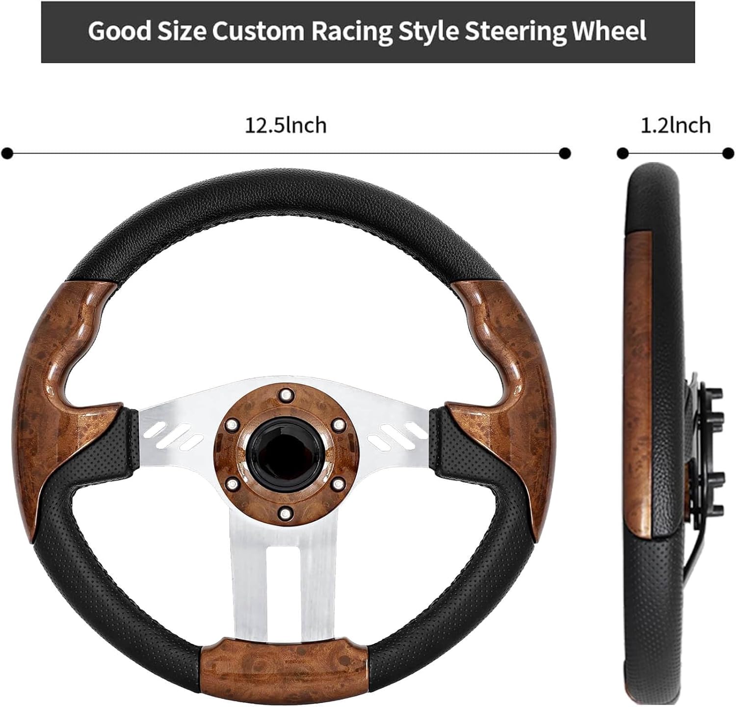Golf Cart Steering Wheel with Premium Grip Leather and Ergonomic Design Fit for EZGO TXT/RXV/Marathon, Club Car DS/Precedent/Tempo/Onward, Yamaha G1-G29 Carts (Wood Grain)