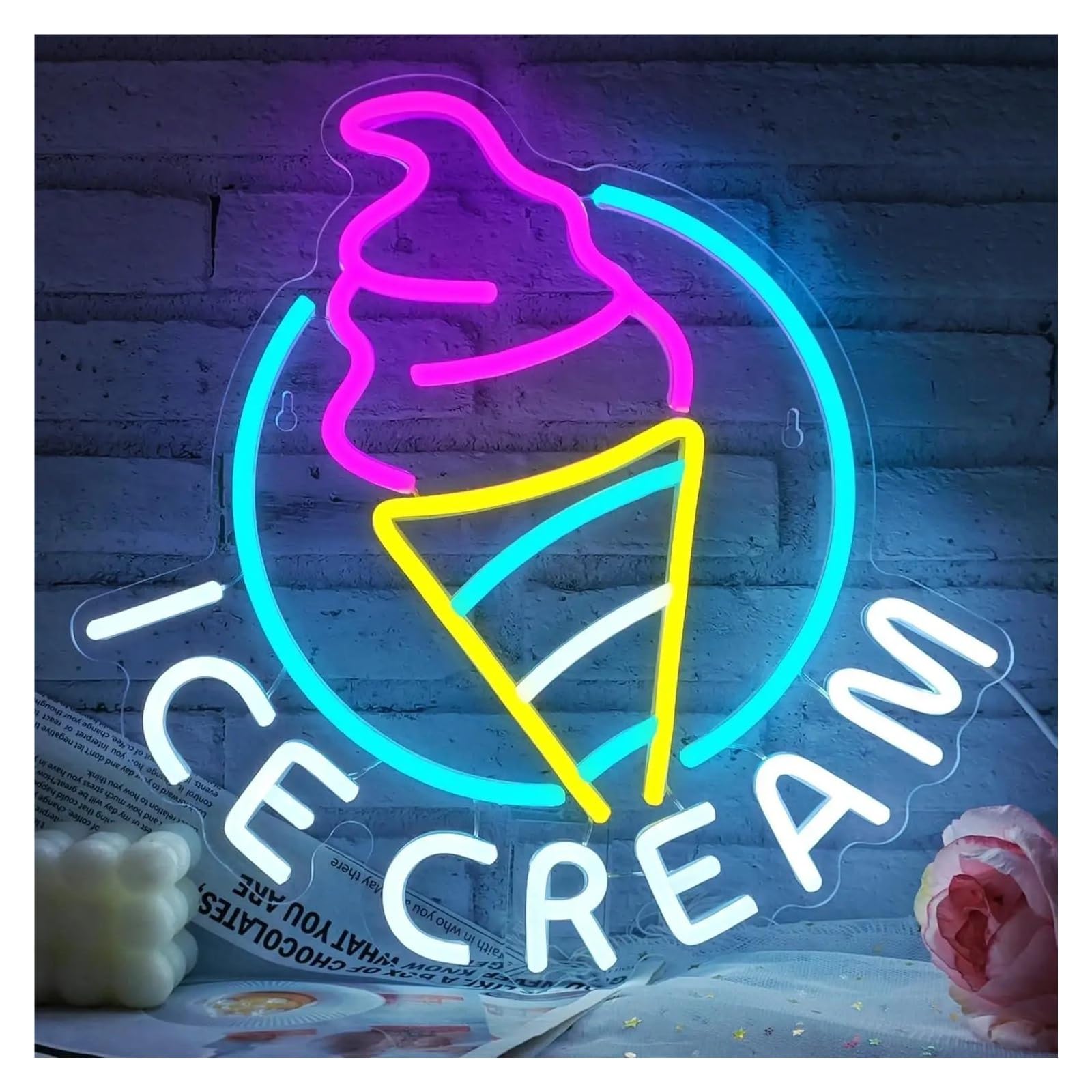 XENITE Hanging Art Neon Signs Ice Cream Neon Sign for Wall Decor Led for Shop Birthday Christmas Party Bedroom Bar Drink 35x34cm